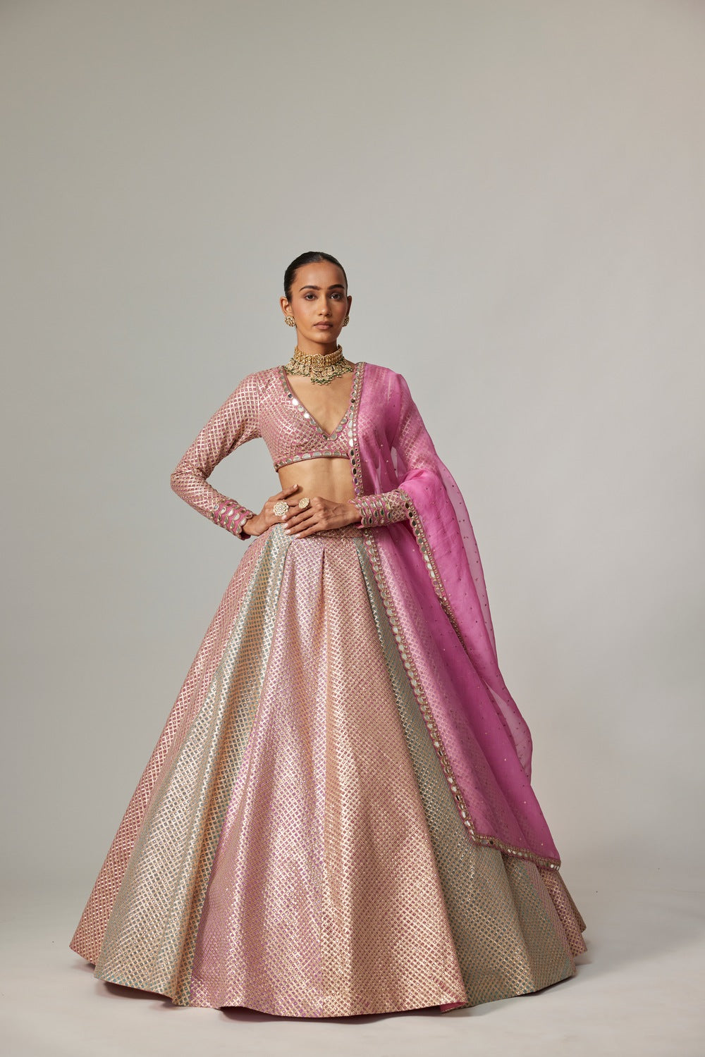 DARK BLUSH MULTICOLOR METALLIC GOTA CROP TOP SKIRT WITH DARK BLUSH DUPATTA