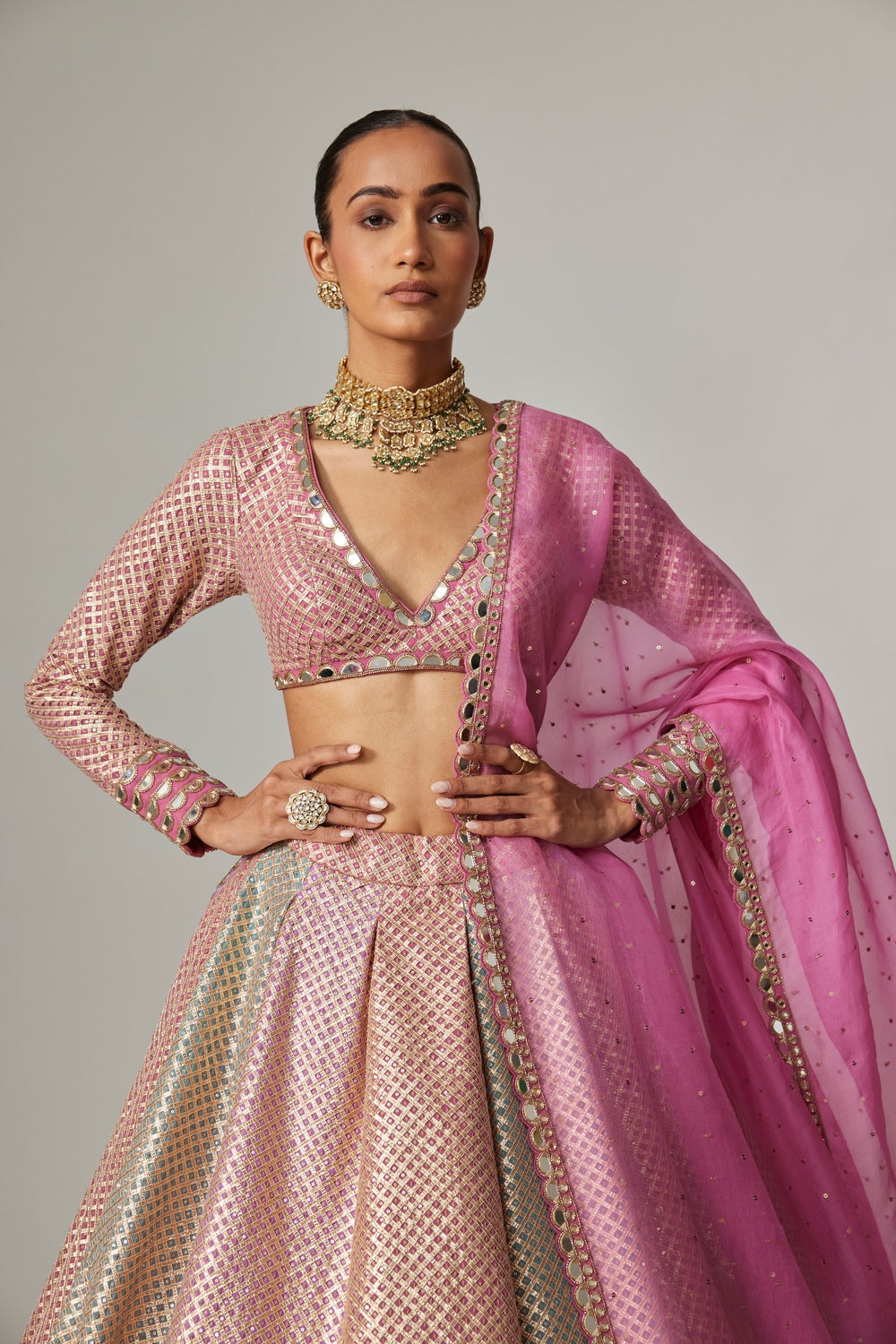 DARK BLUSH MULTICOLOR METALLIC GOTA CROP TOP SKIRT WITH DARK BLUSH DUPATTA