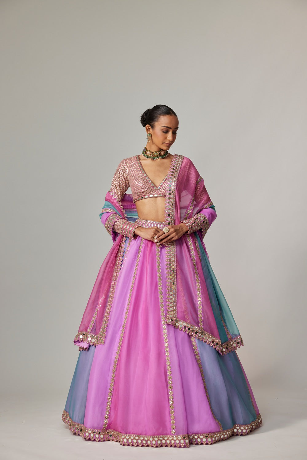 MAUVE MULTICOLOR LINEAR LEHENGA WITH V NECK BLOUSE