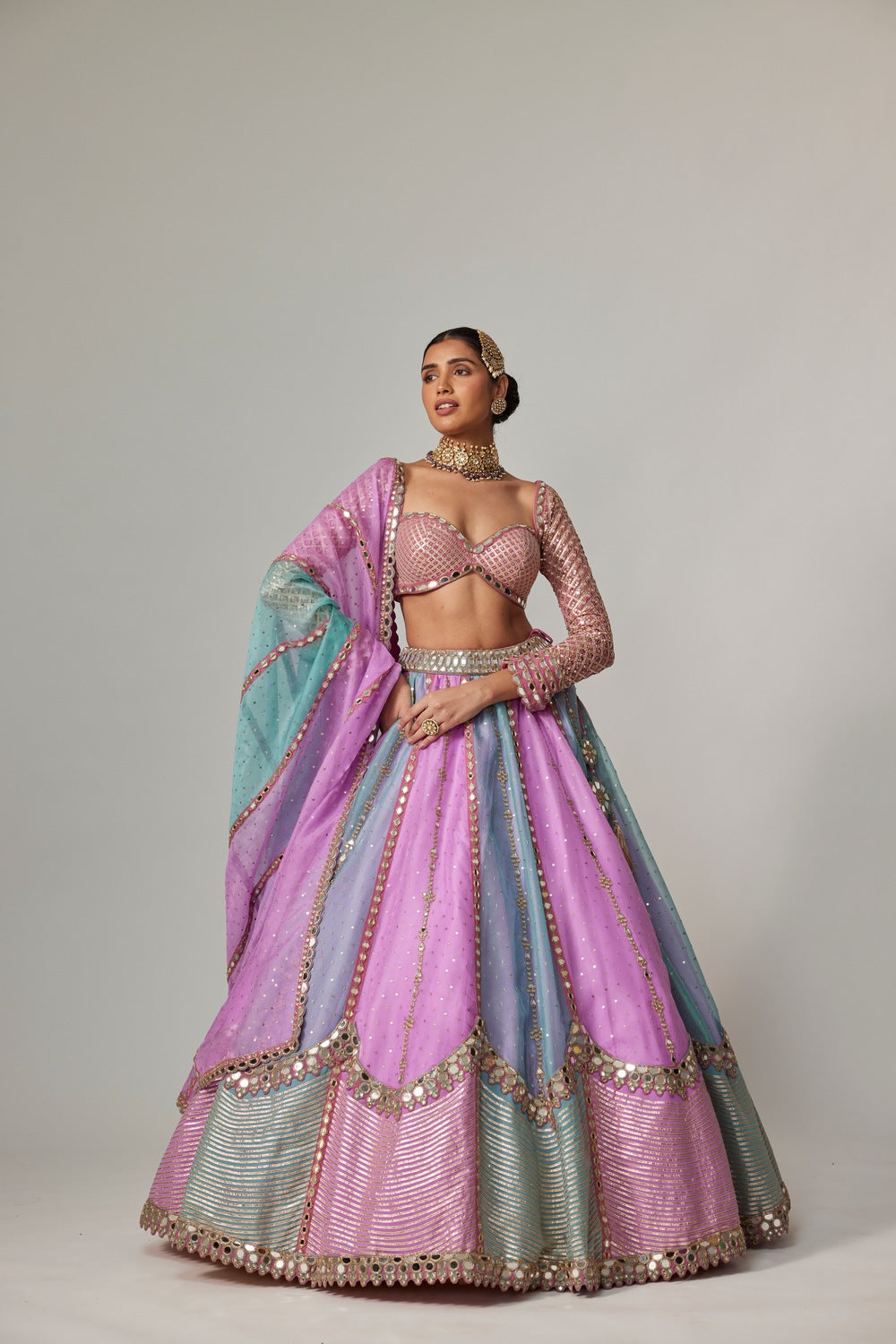 MAUVE MULTICOLOR SEQUIN SCATTERED LEHENGA WITH SWEETHEART FULL SLEEVE BLOUSE