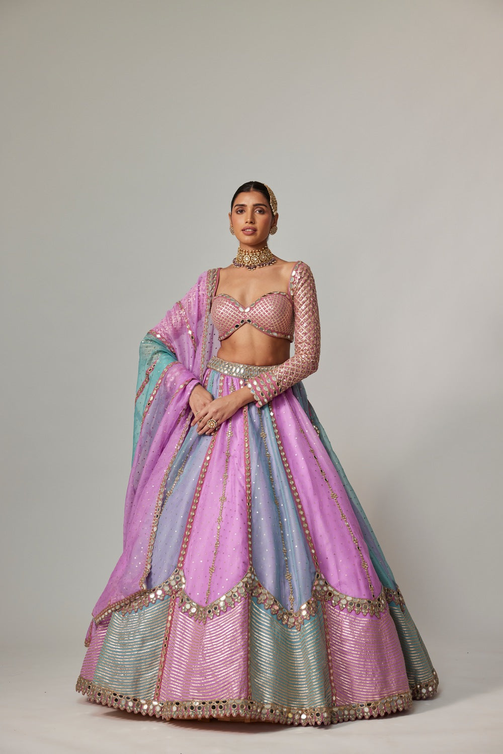 MAUVE MULTICOLOR SEQUIN SCATTERED LEHENGA WITH SWEETHEART FULL SLEEVE BLOUSE
