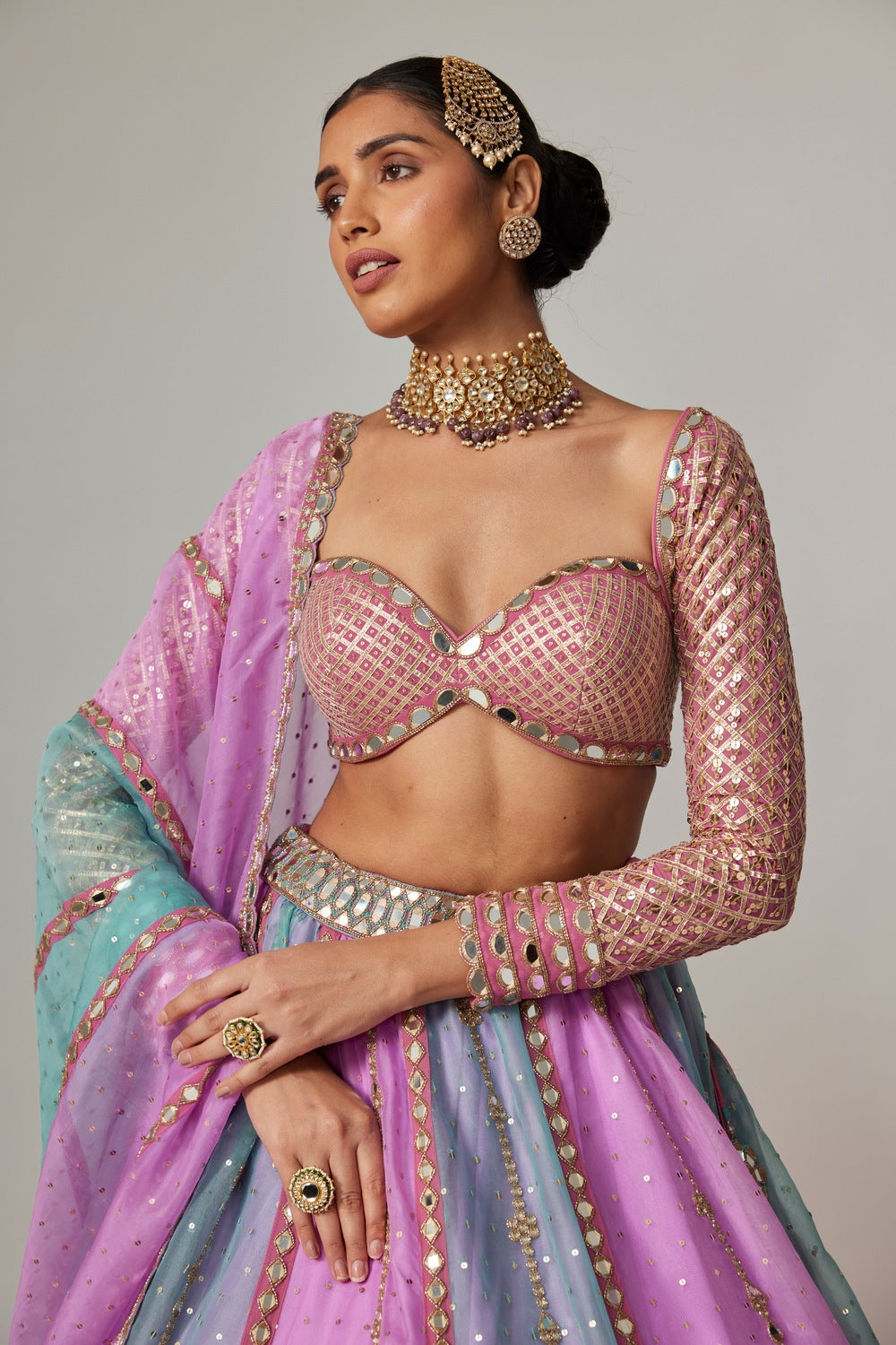 MAUVE MULTICOLOR SEQUIN SCATTERED LEHENGA WITH SWEETHEART FULL SLEEVE BLOUSE