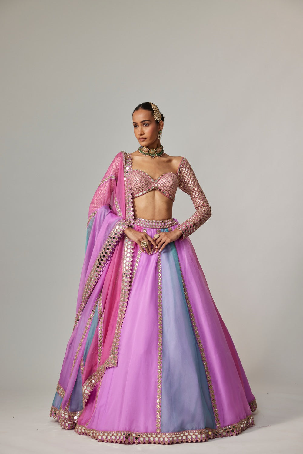 MAUVE MULTICOLOR LINEAR LEHENGA WITH SWEETHEART FULL SLEEVE BLOUSE