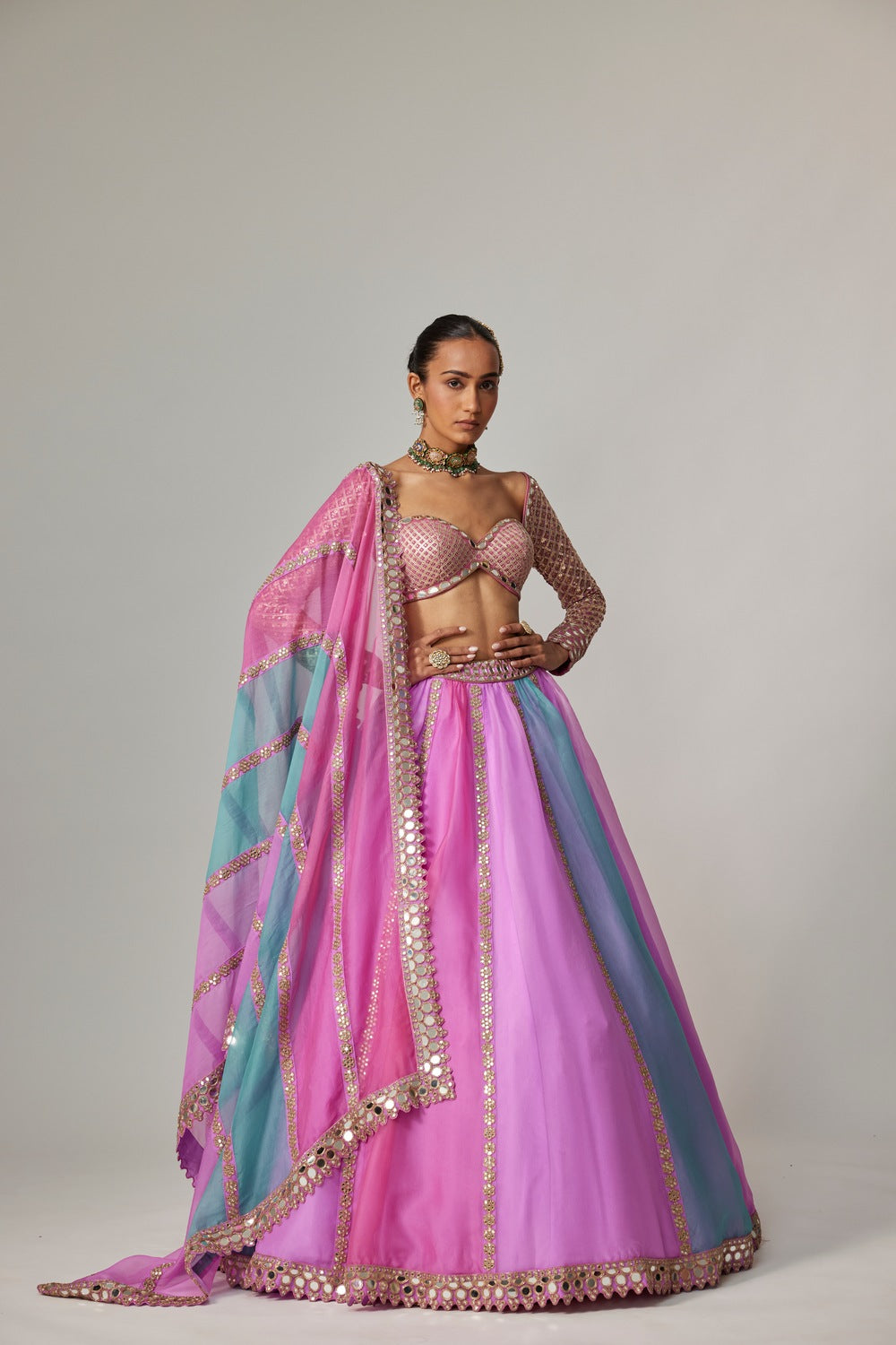 MAUVE MULTICOLOR LINEAR LEHENGA WITH SWEETHEART FULL SLEEVE BLOUSE