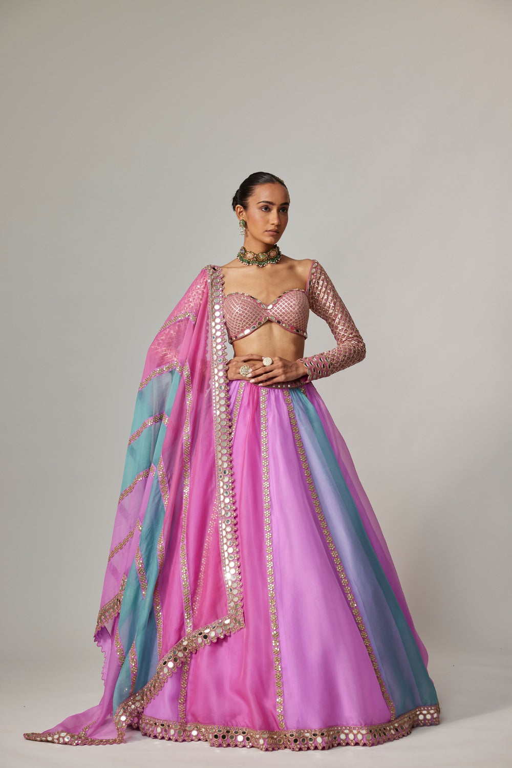 MAUVE MULTICOLOR LINEAR LEHENGA WITH SWEETHEART FULL SLEEVE BLOUSE