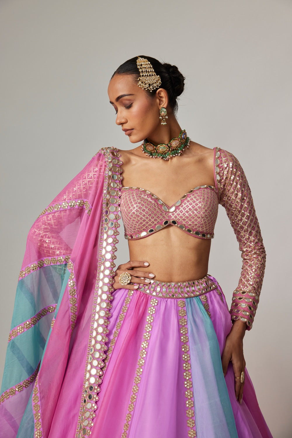 MAUVE MULTICOLOR LINEAR LEHENGA WITH SWEETHEART FULL SLEEVE BLOUSE