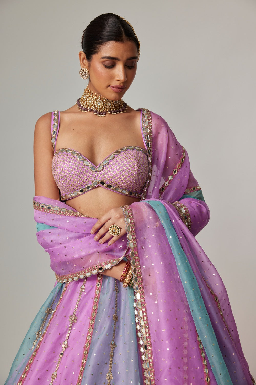 MAUVE MULTICOLOR SEQUIN SCATTERED LEHENGA WITH SWEETHEART NECK BLOUSE