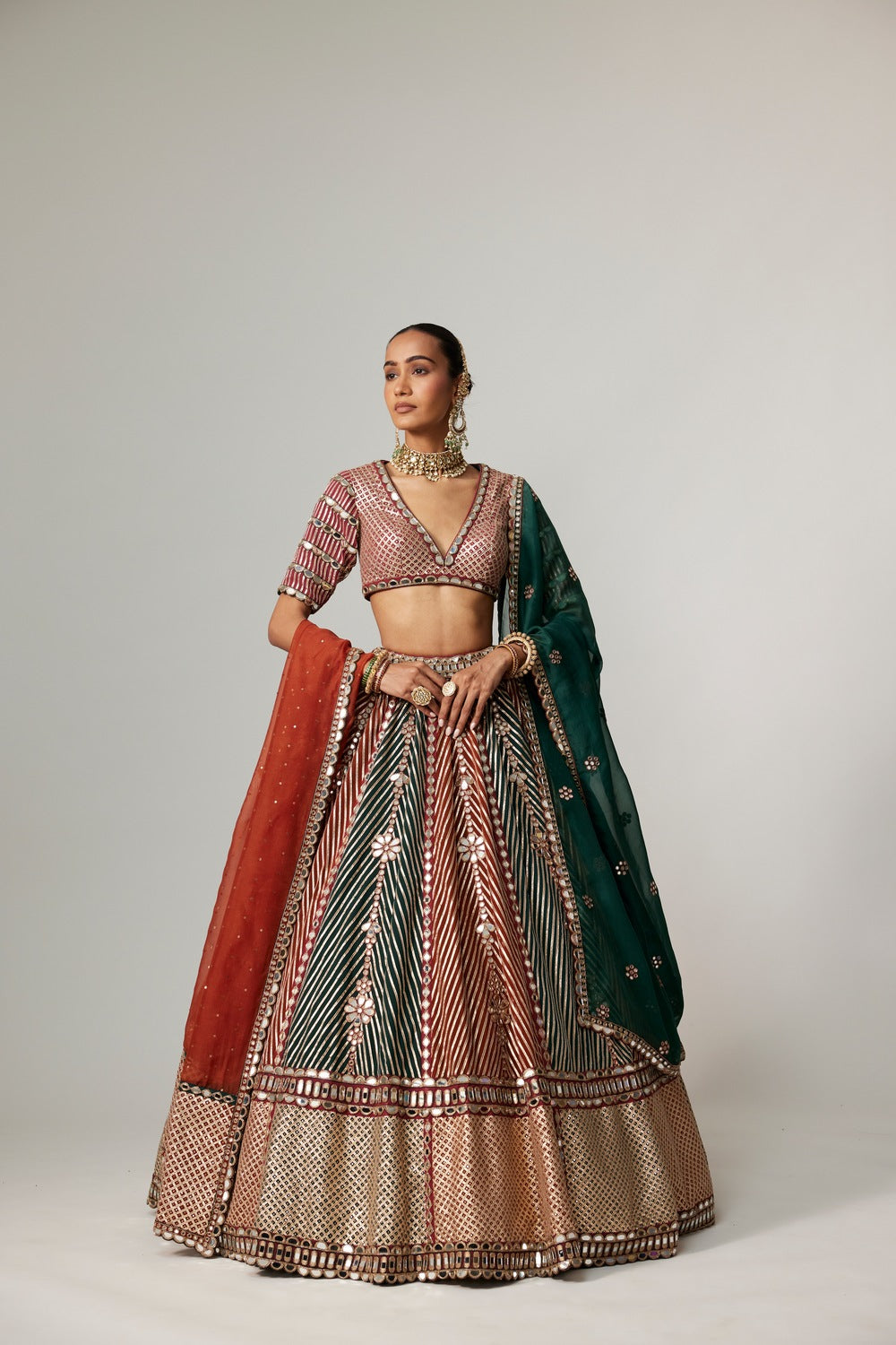 CRANBERRY MULTICOLOR LINEAR FLOWER LEHENGA SET WITH DOUBLE DUPATTA