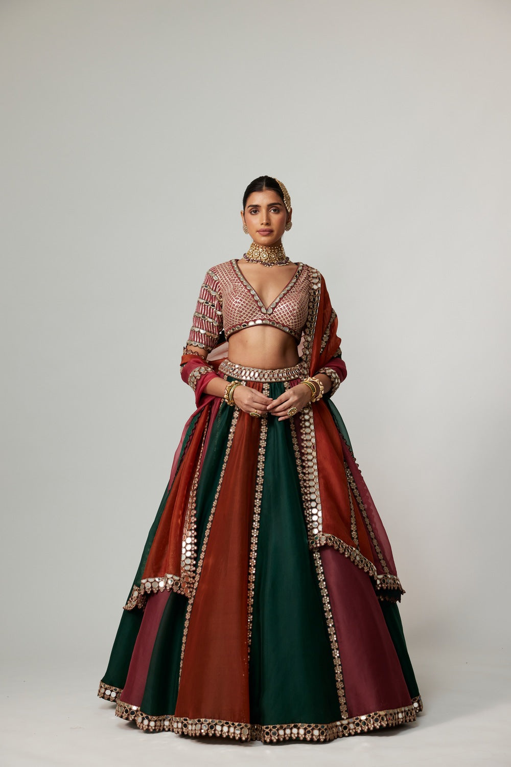 CRANBERRY MULTICOLOR LINEAR LEHENGA WITH V NECK BLOUSE