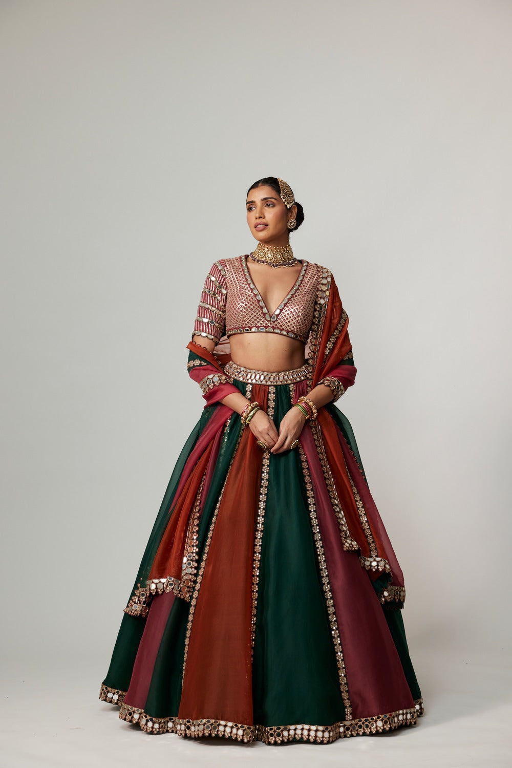 CRANBERRY MULTICOLOR LINEAR LEHENGA WITH V NECK BLOUSE