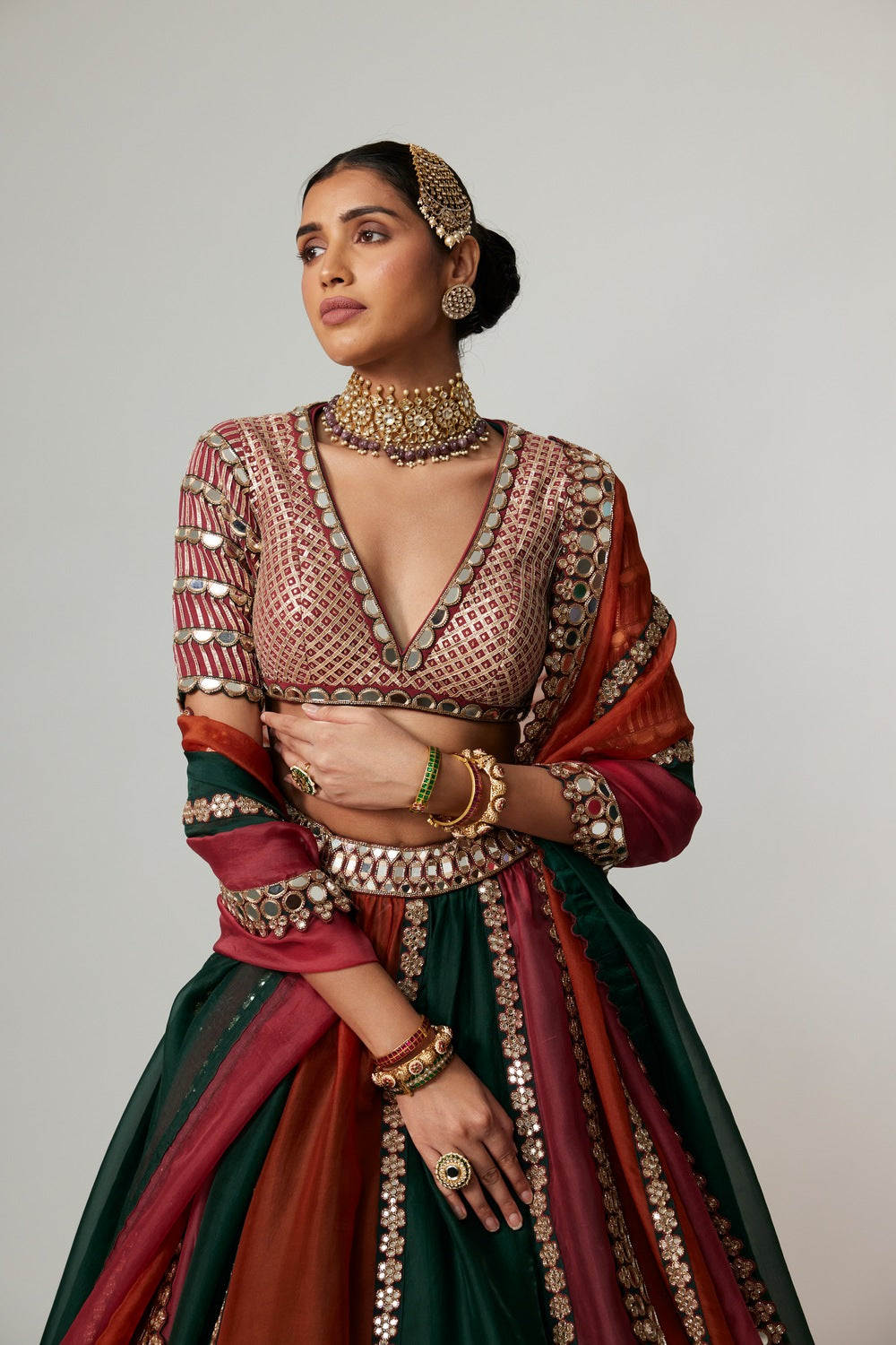 CRANBERRY MULTICOLOR LINEAR LEHENGA WITH V NECK BLOUSE