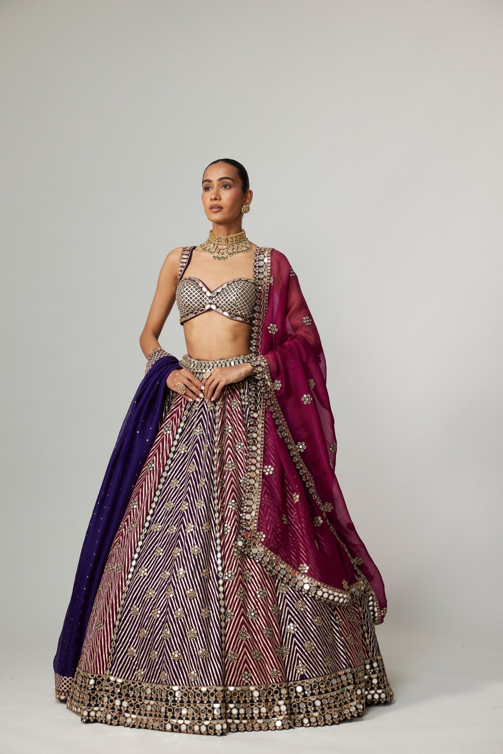 TEAL WINE MULTICOLOR LEHENGA SET WITH DOUBLE DUPATTA