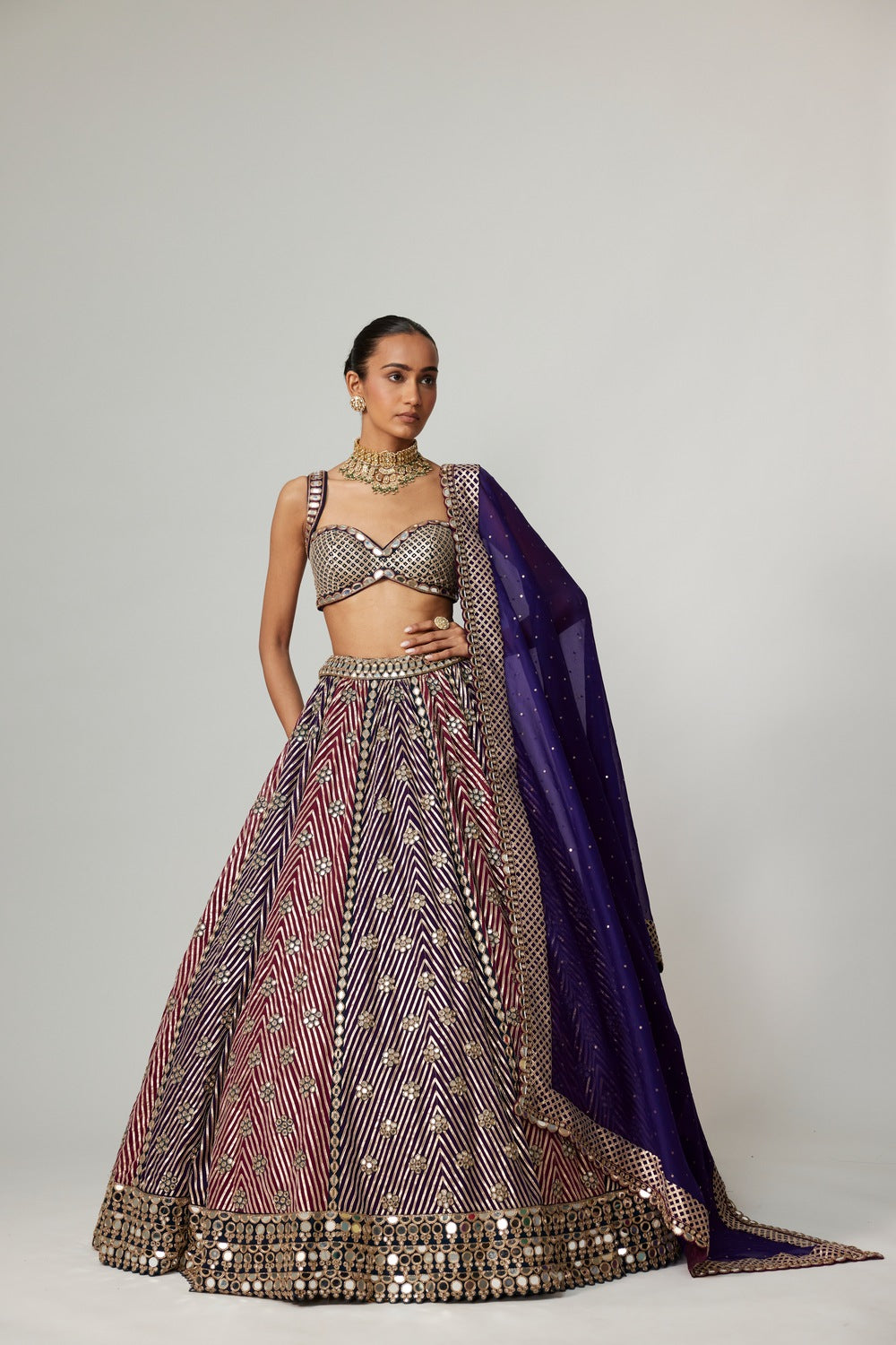 TEAL WINE MULTICOLOR LEHENGA SET WITH DARK PURPLE DUPATTA