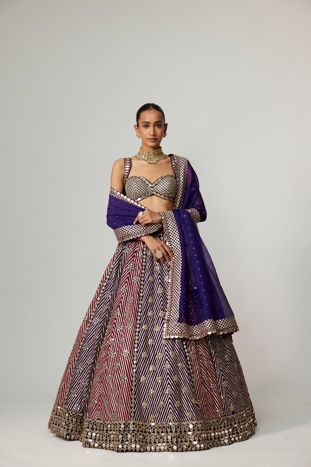 TEAL WINE MULTICOLOR LEHENGA SET WITH DARK PURPLE DUPATTA