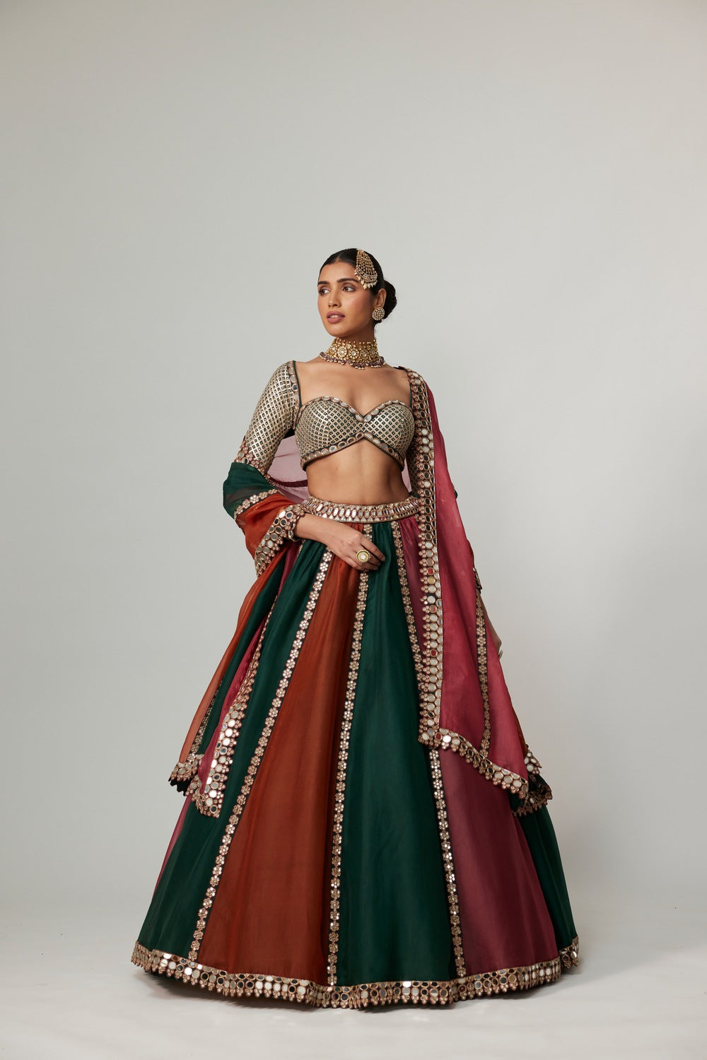 CRANBERRY MULTICOLOR LINEAR LEHENGA WITH SWEETHEART FULL SLEEVE BLOUSE