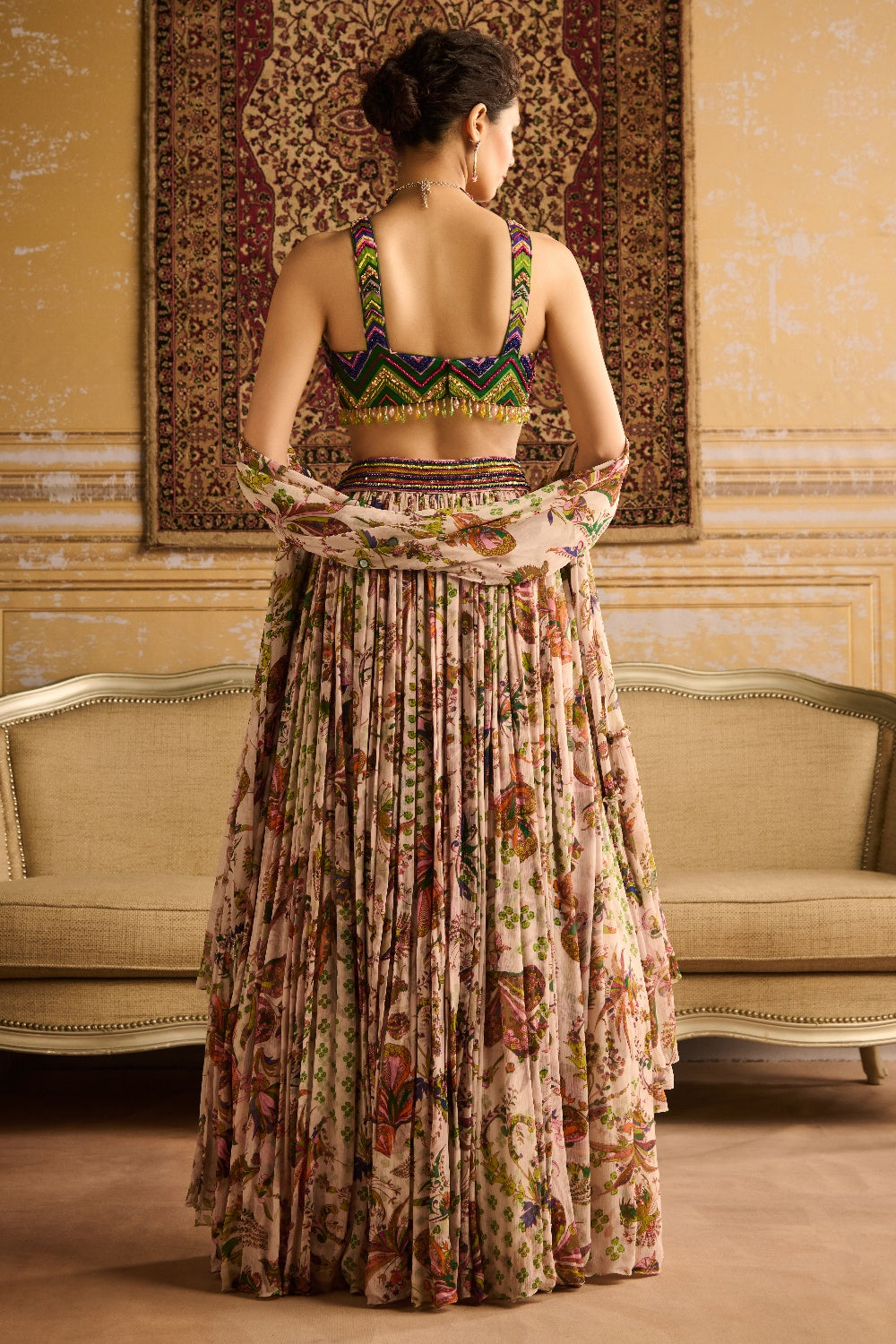 Green Print & Colorful Embroidered Blouse And Dupatta