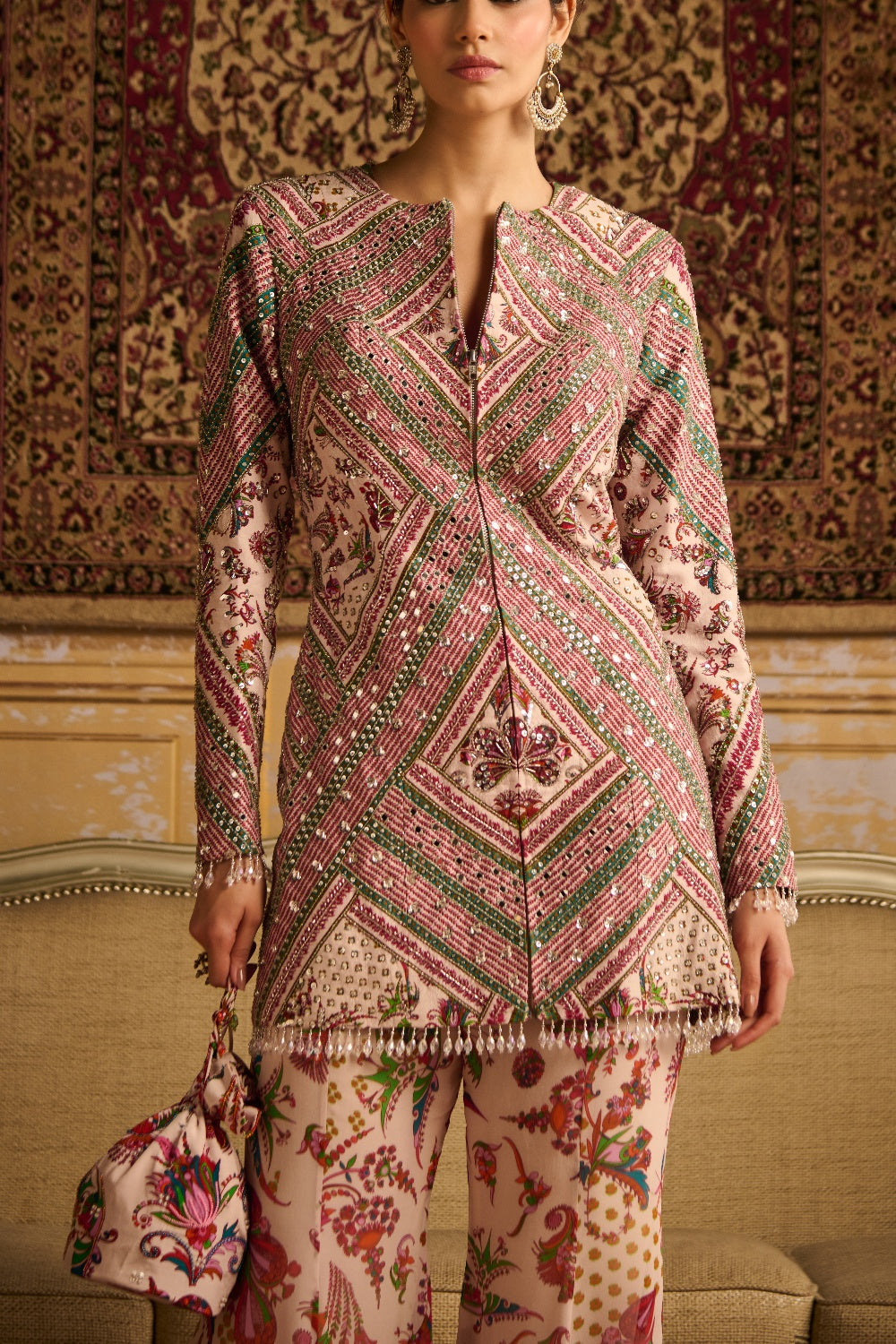 Red Embroidered Jacket And Flare Pants