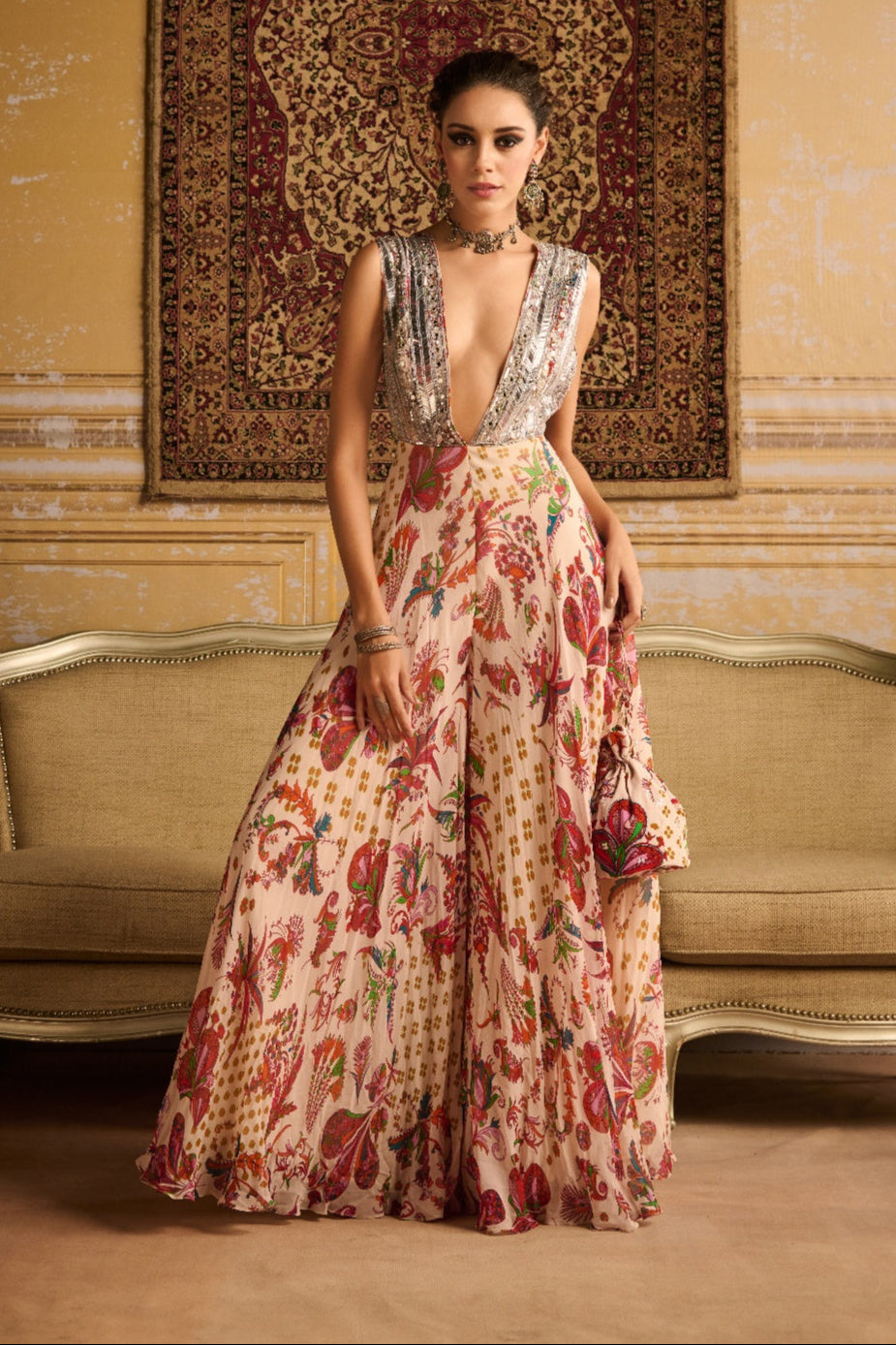 Red Print Embroidered Jumpsuit