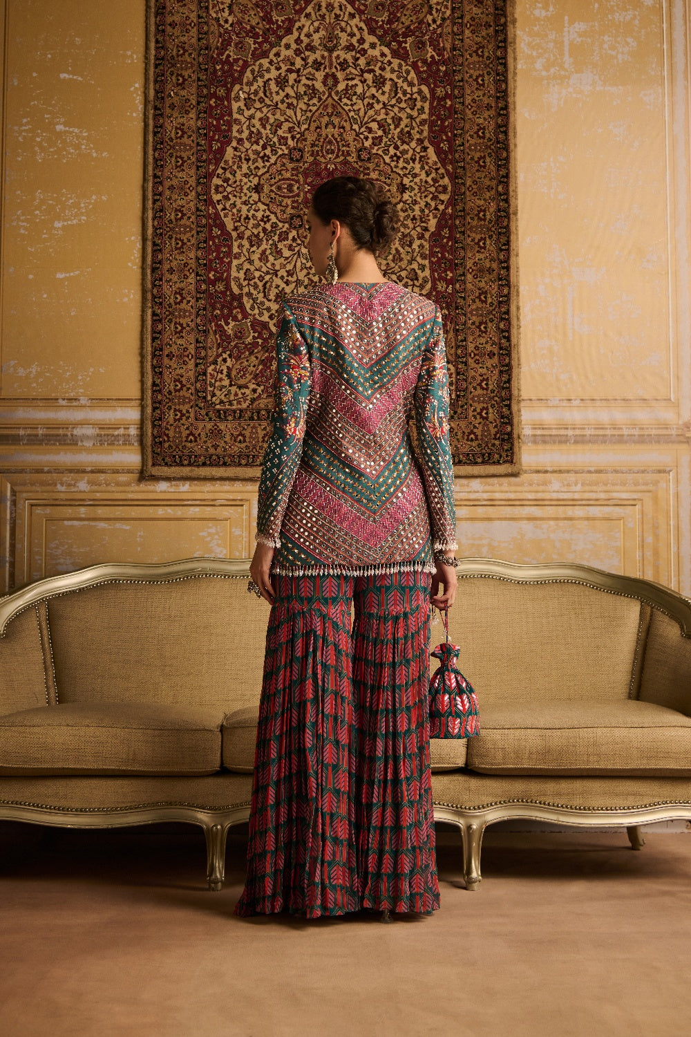 Teal Highlighted Jacket And  Gharara Pants