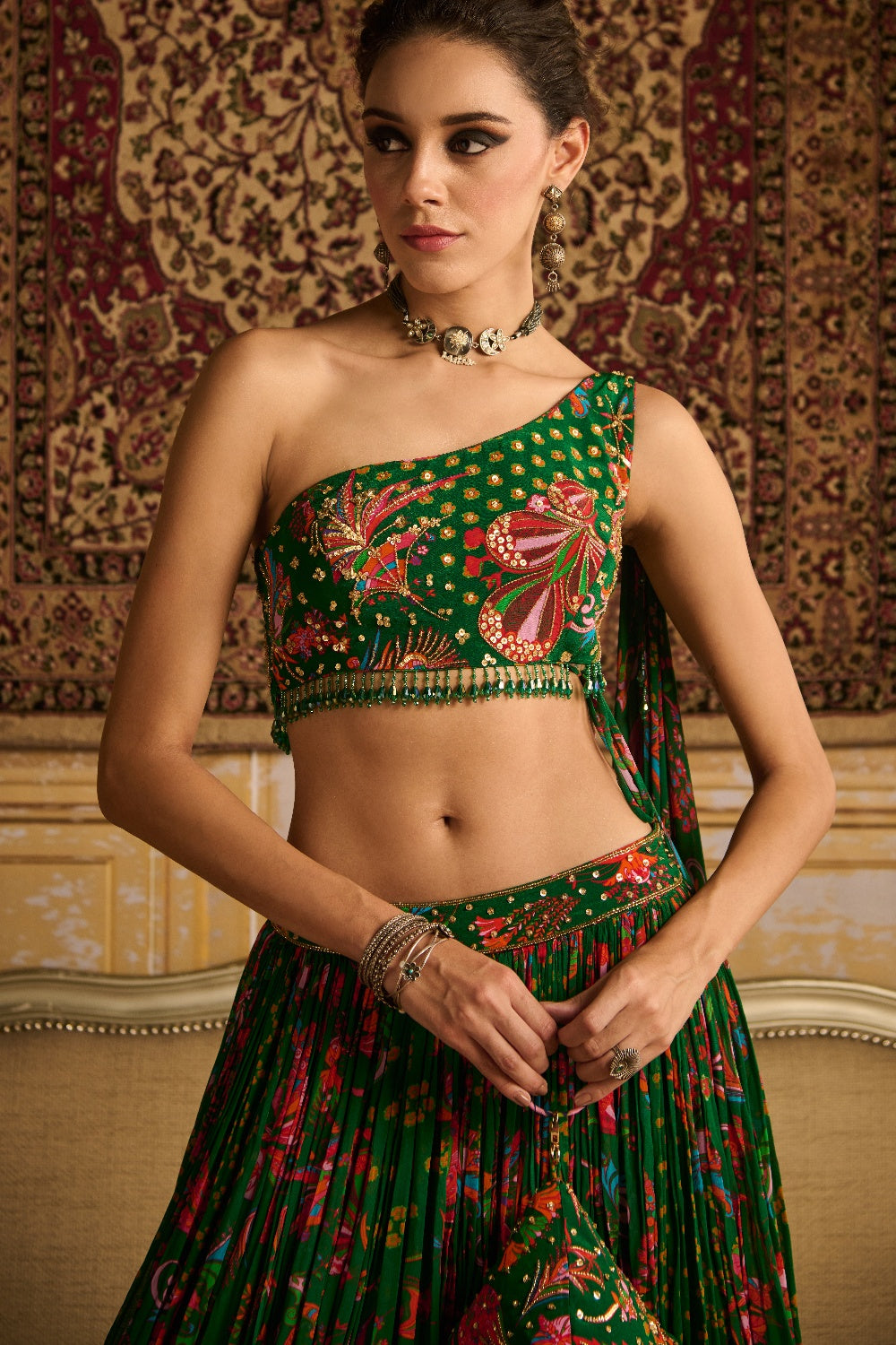 Dark Green Embroidered Blouse And Lehenga Set