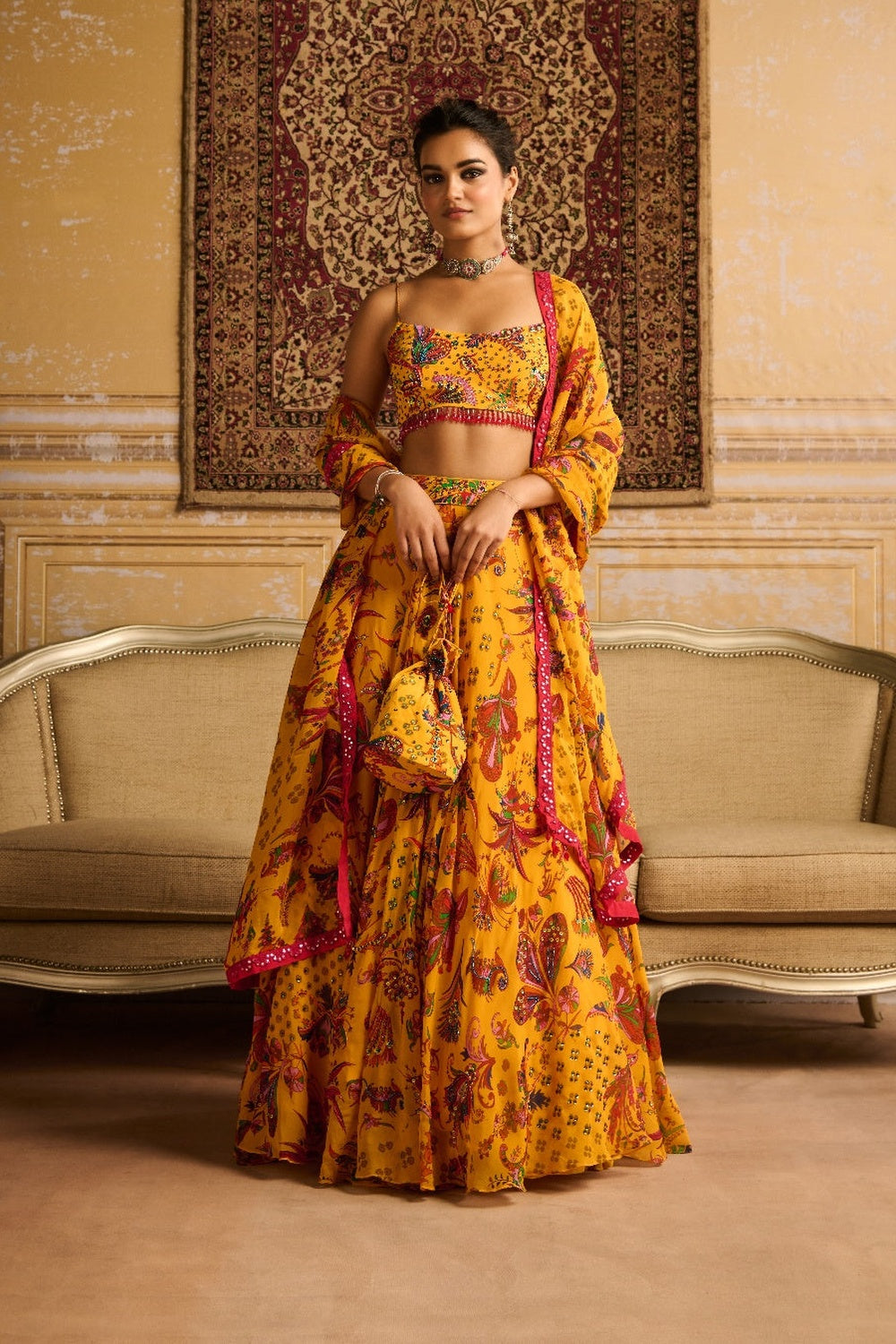 Yellow Highlighted Blouse And  Highlighted Lehenga Set
