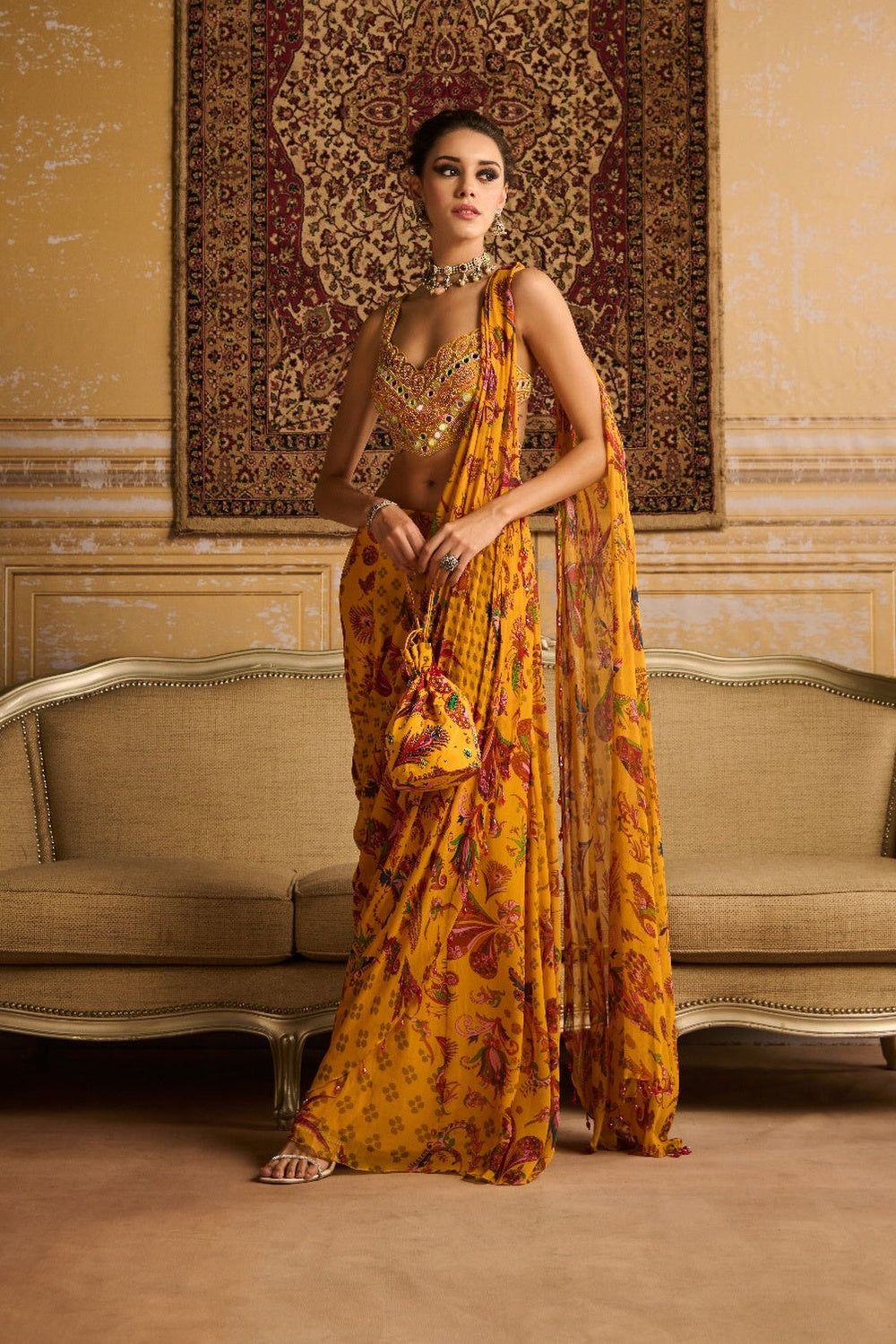 Yellow Embroidered Blouse And  Sharara Saree Set