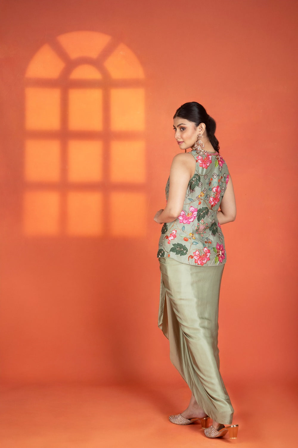 Green Floral Printed Hand-Embroidered Jacket Styled with Inner & Flowy Drape Skirt