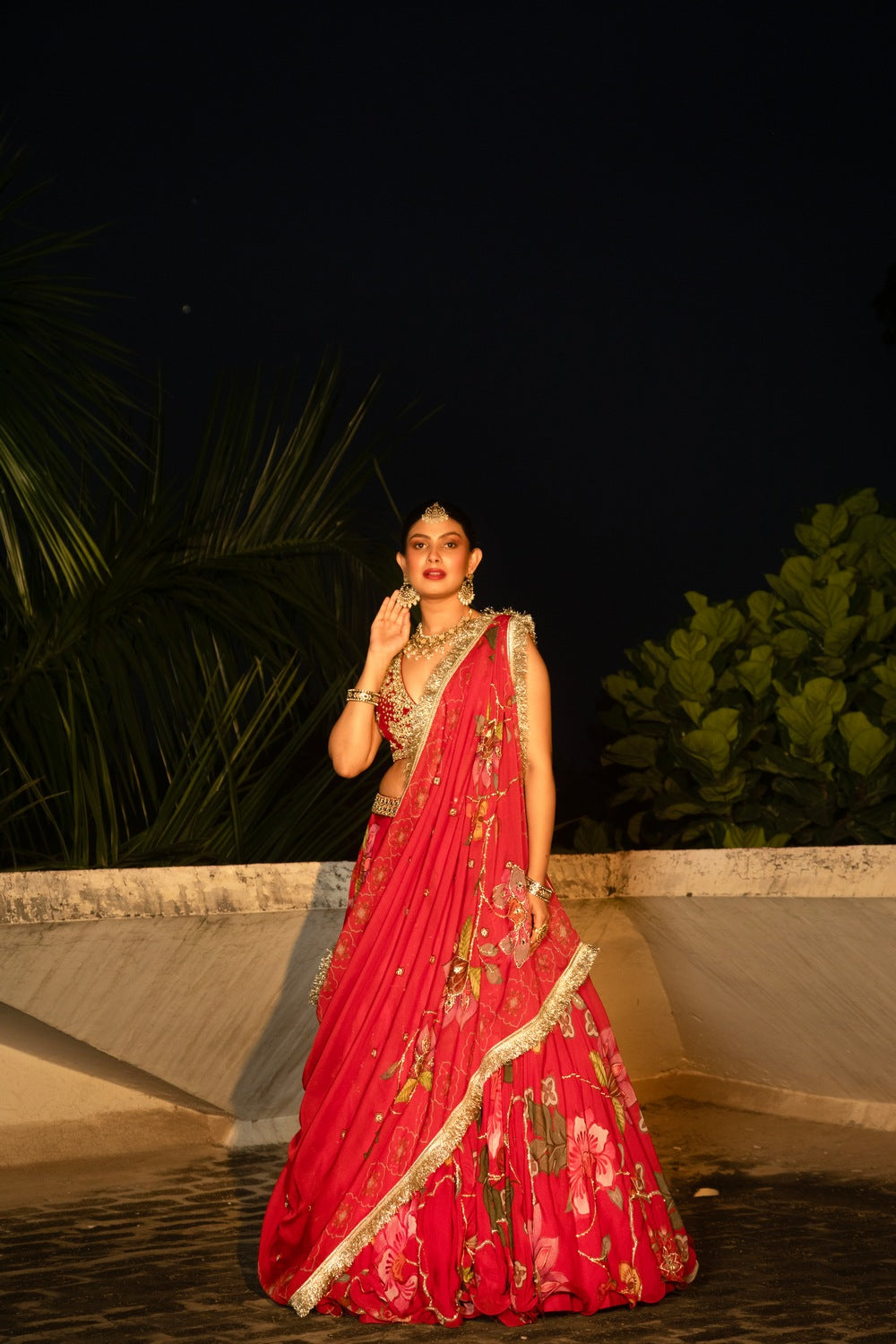 Red floral lehenga with mirror-work blouse and placement dupatta