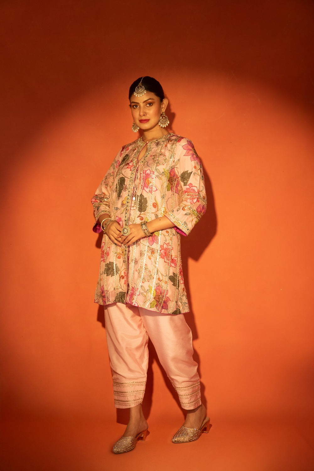 Pink Floral Printed Embroidered Angrakha with Solid Pants & Dupatta