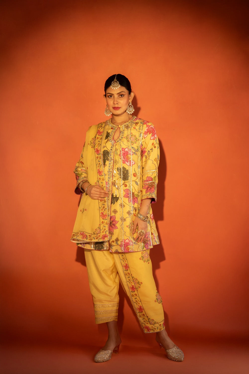 Yellow Floral Printed Embroidered Angrakha Paired with Solid Pants & Dupatta