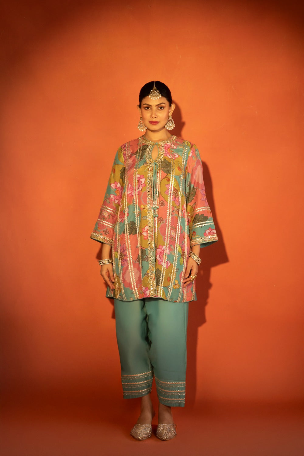 Multi-Color Floral Printed Embroidered Angrakha Paired with Solid Pants & Dupatta