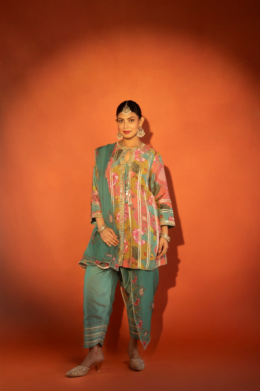 Multi-Color Floral Printed Embroidered Angrakha Paired with Solid Pants & Dupatta