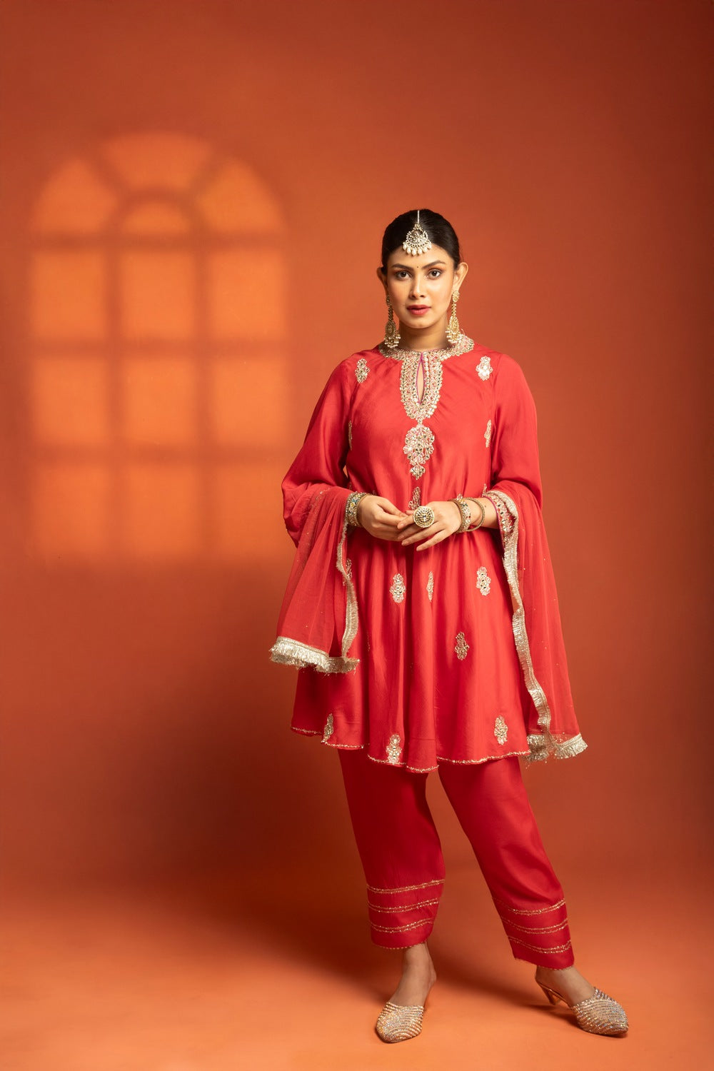 Red Short Flared Kurta with Embroidery, Paired with Salwar Pants & Dupatta