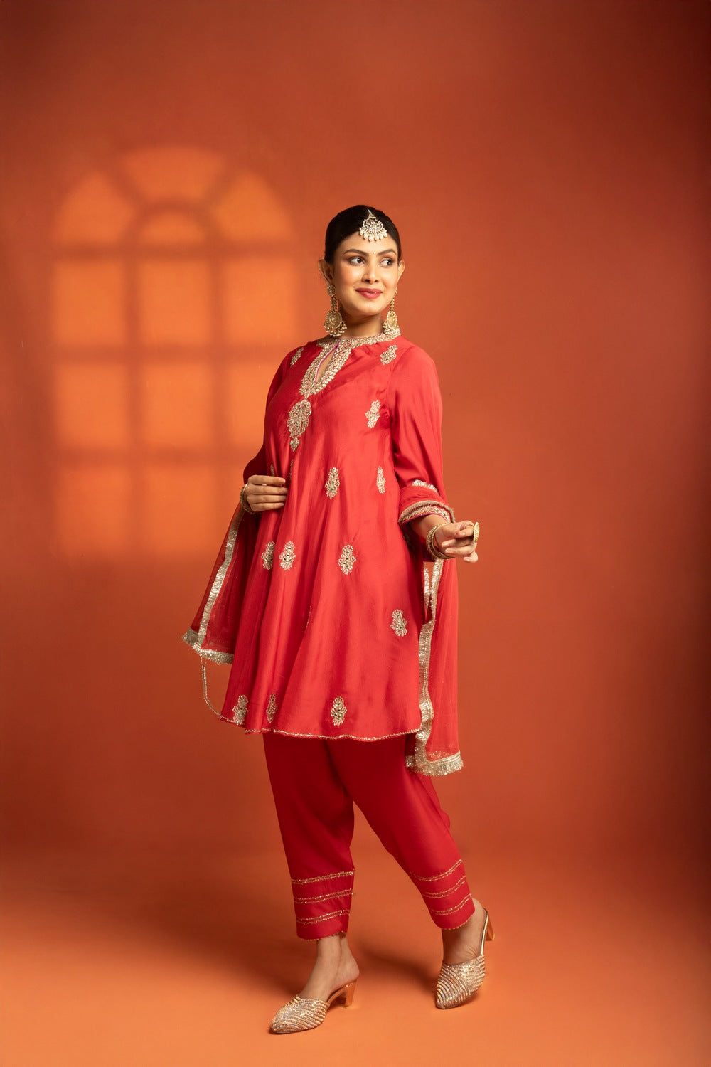 Red Short Flared Kurta with Embroidery, Paired with Salwar Pants & Dupatta