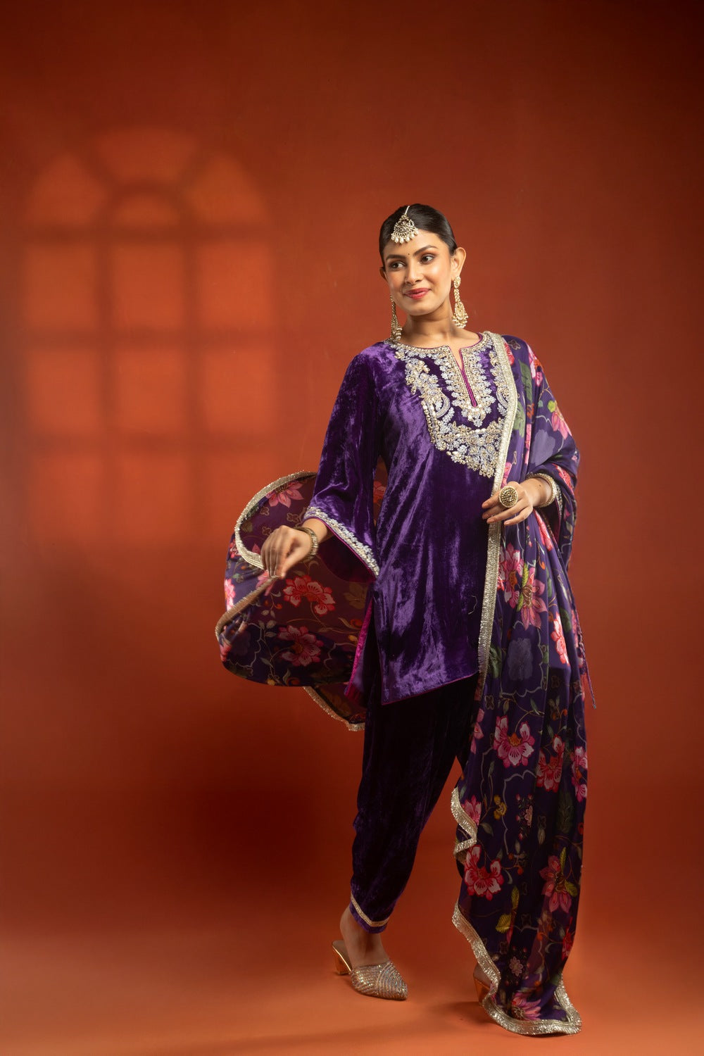 Purple Embroidered Short Kurta with Dhoti Salwar & Printed Dupatta