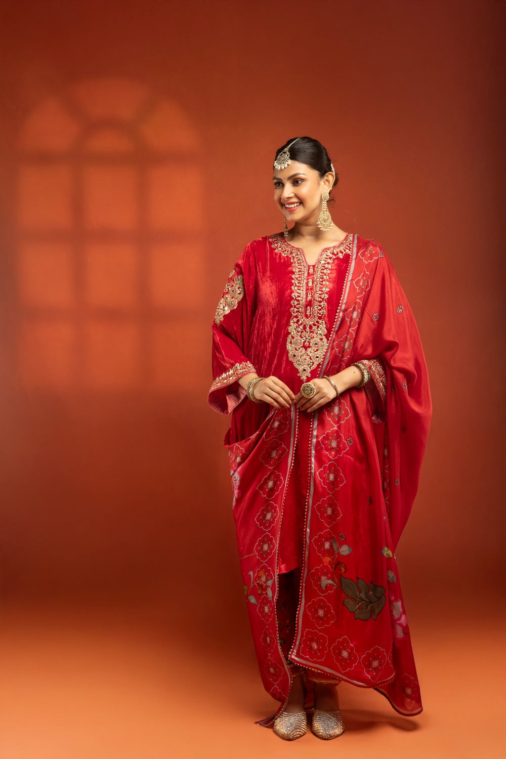 Red Silk Velvet Embroidered Kurta with Printed Salwar Pants & Dupatta
