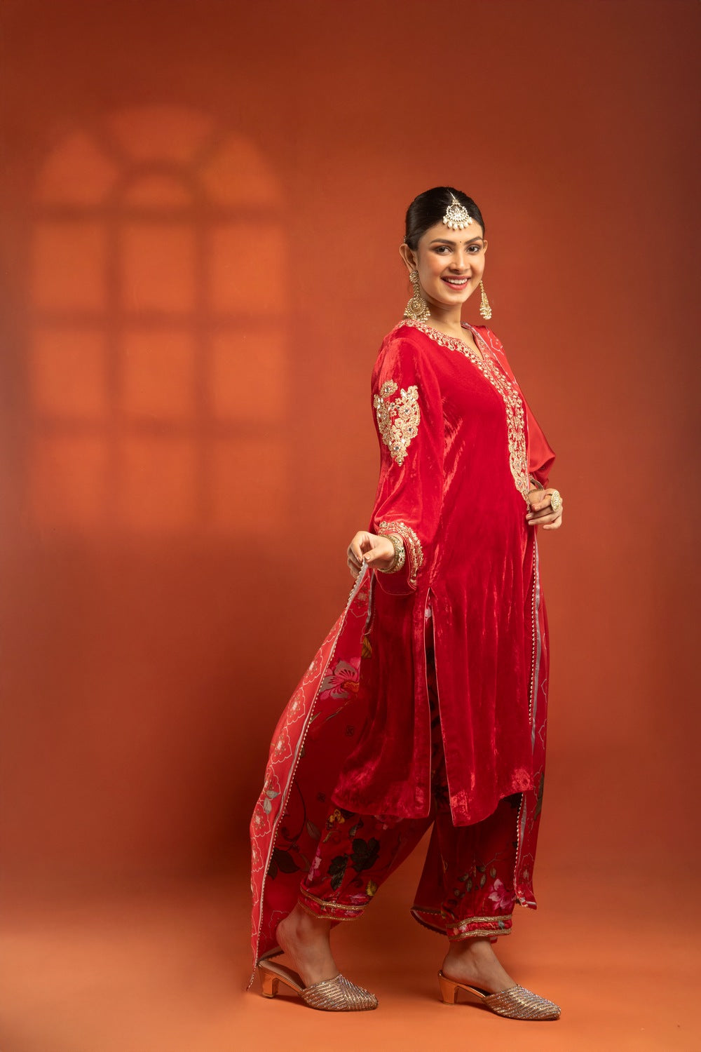 Red Silk Velvet Embroidered Kurta with Printed Salwar Pants & Dupatta