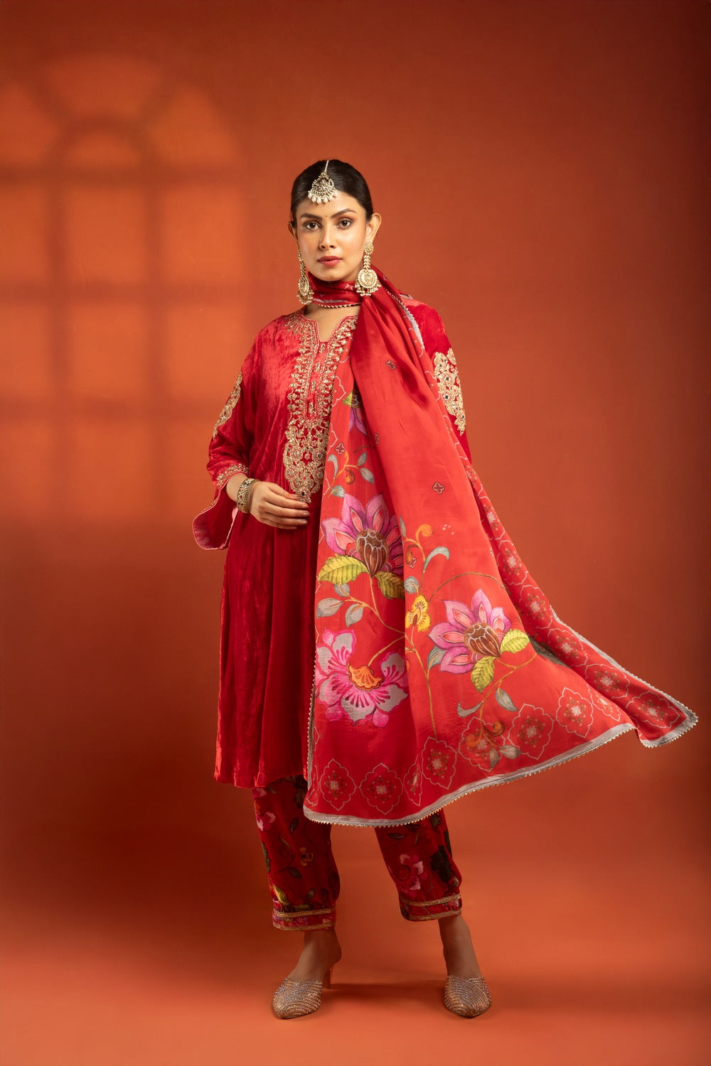 Red Silk Velvet Embroidered Kurta with Printed Salwar Pants & Dupatta