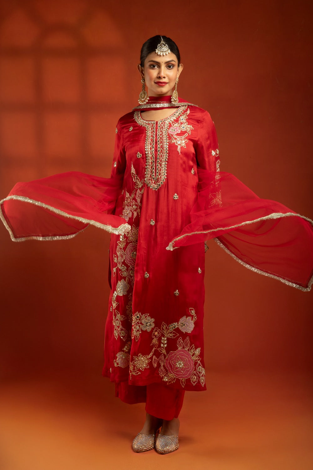 Red Embroidered Kurta with Pants & Net Dupatta