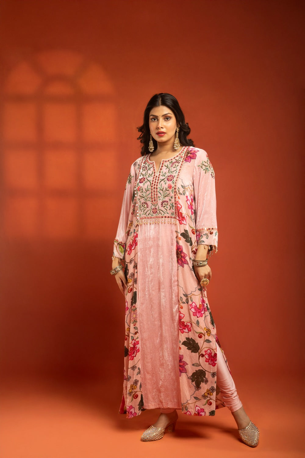 Pink Side Panel Printed Embroidered Long Kurta Dress with Churidar