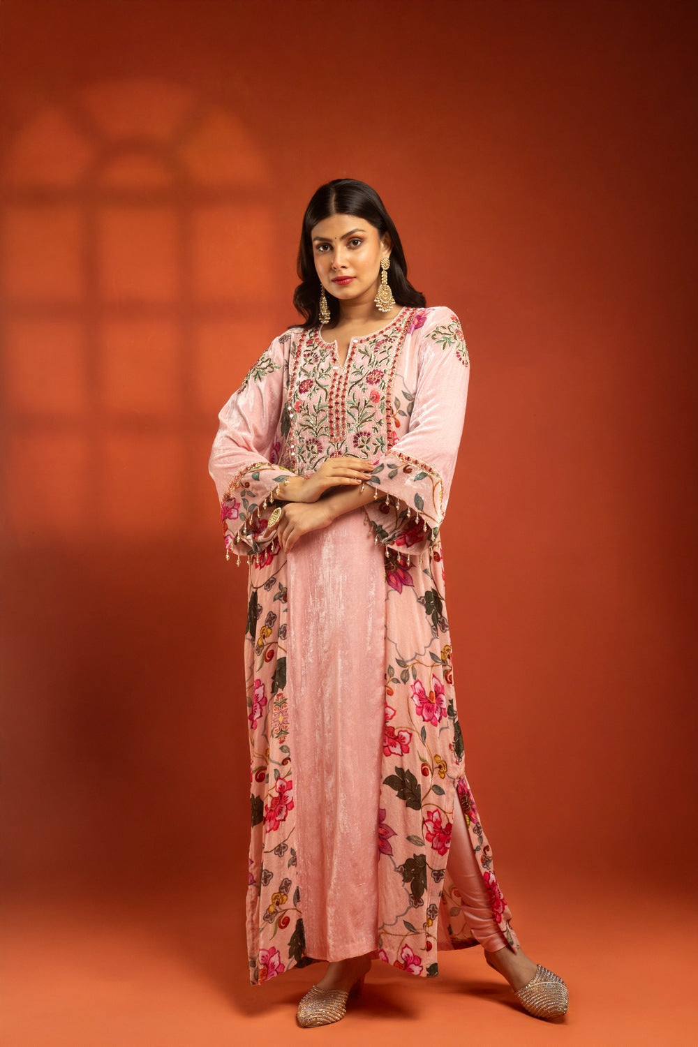 Pink Side Panel Printed Embroidered Long Kurta Dress with Churidar
