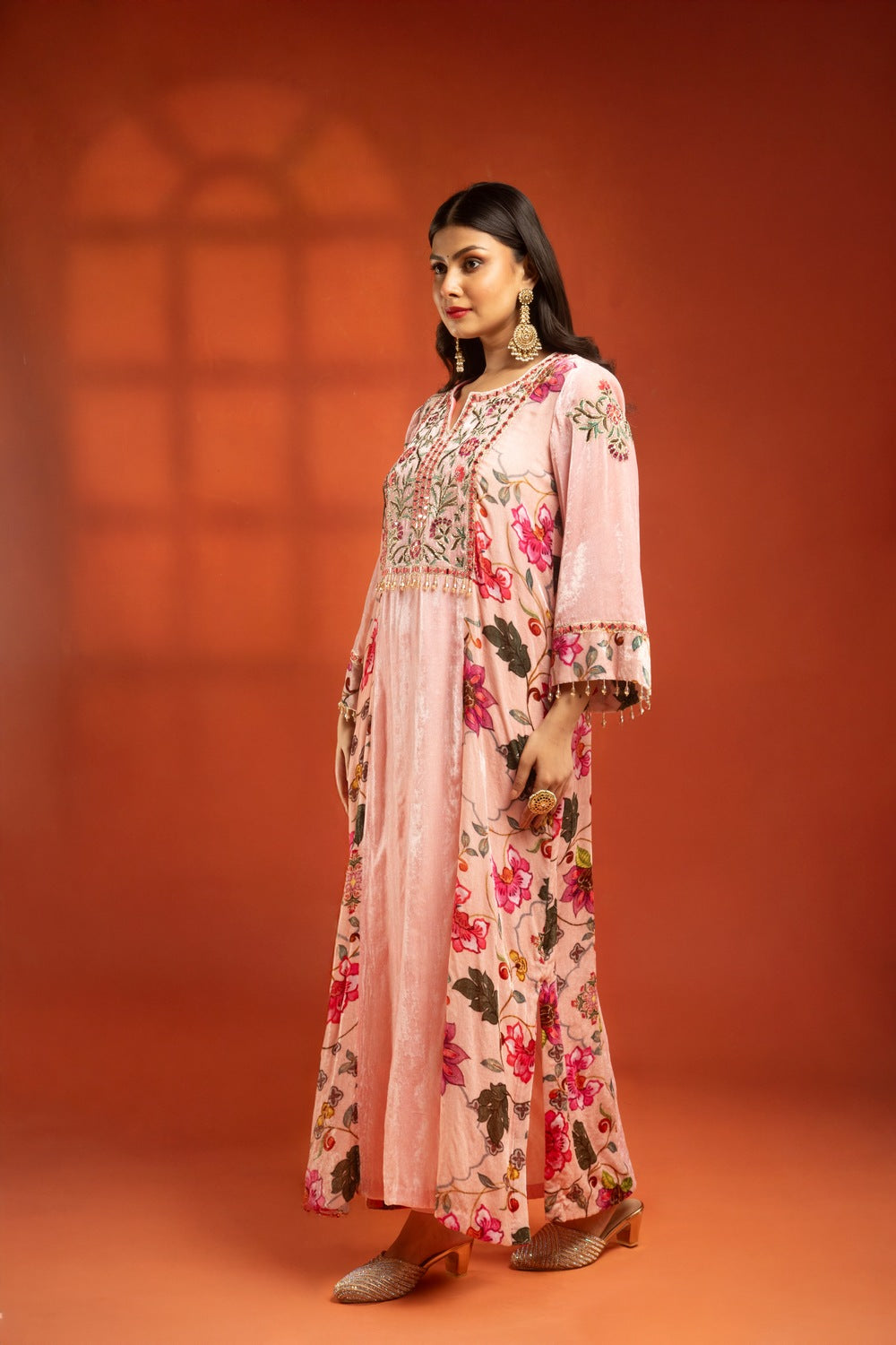 Pink Side Panel Printed Embroidered Long Kurta Dress with Churidar