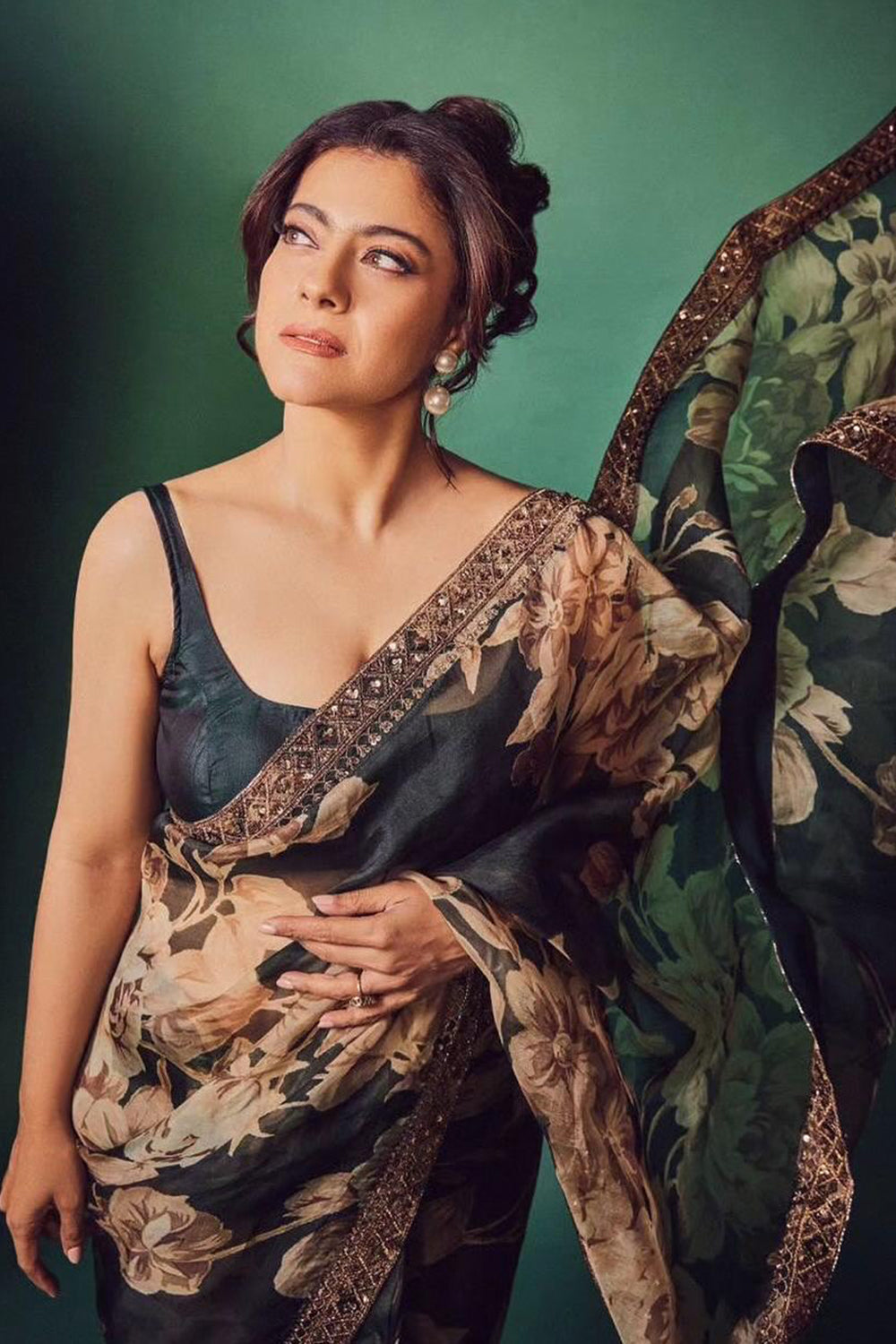 Kajol in Bottle Green Floral Saree Set