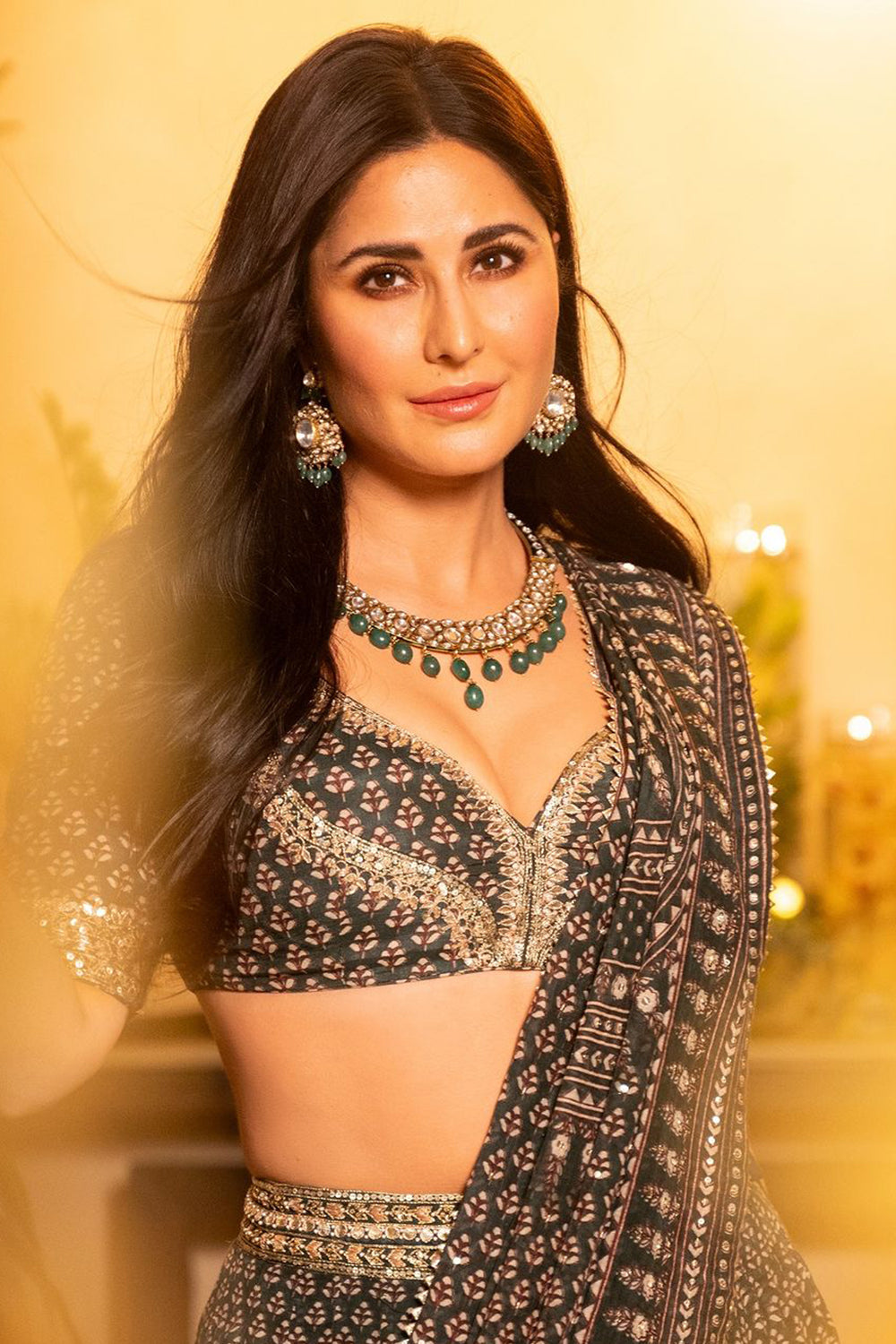 Katrina Kaif in Arvia Printed Mul Lehenga Set - Green