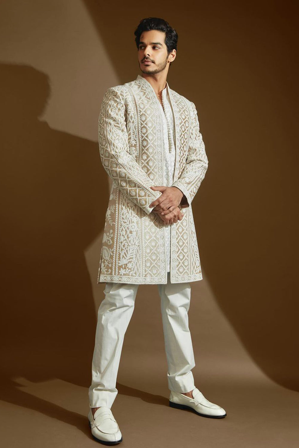 Ishaan Khatter in Nude Cream Open Sherwani Set