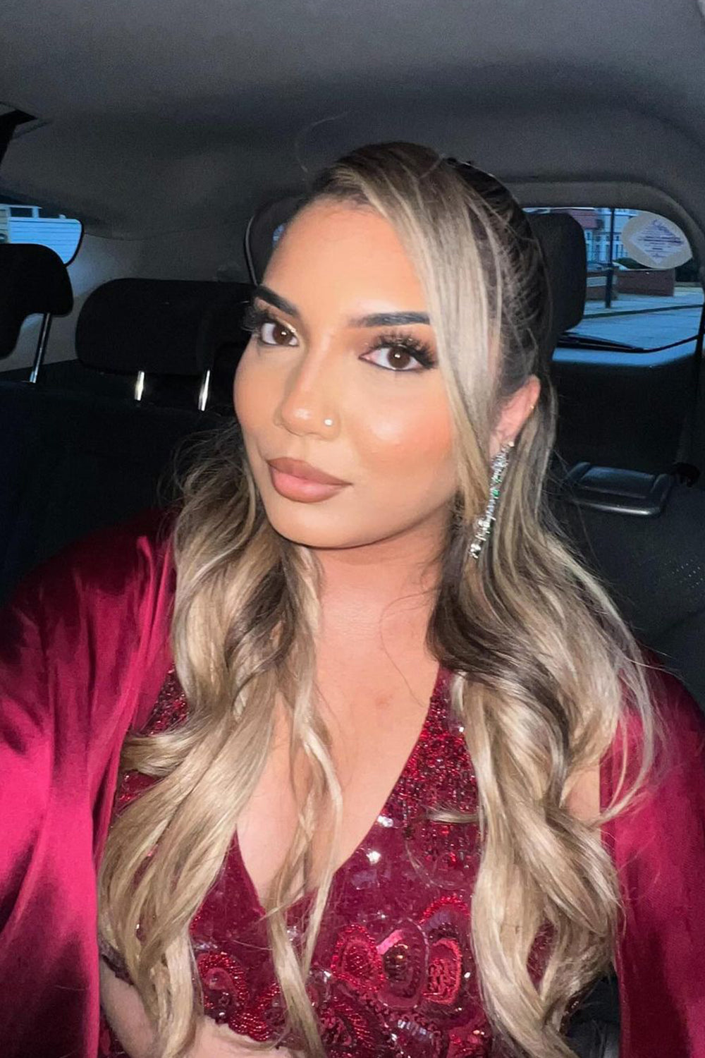 Kajal in Burgundy Halter Top And Skirt Set