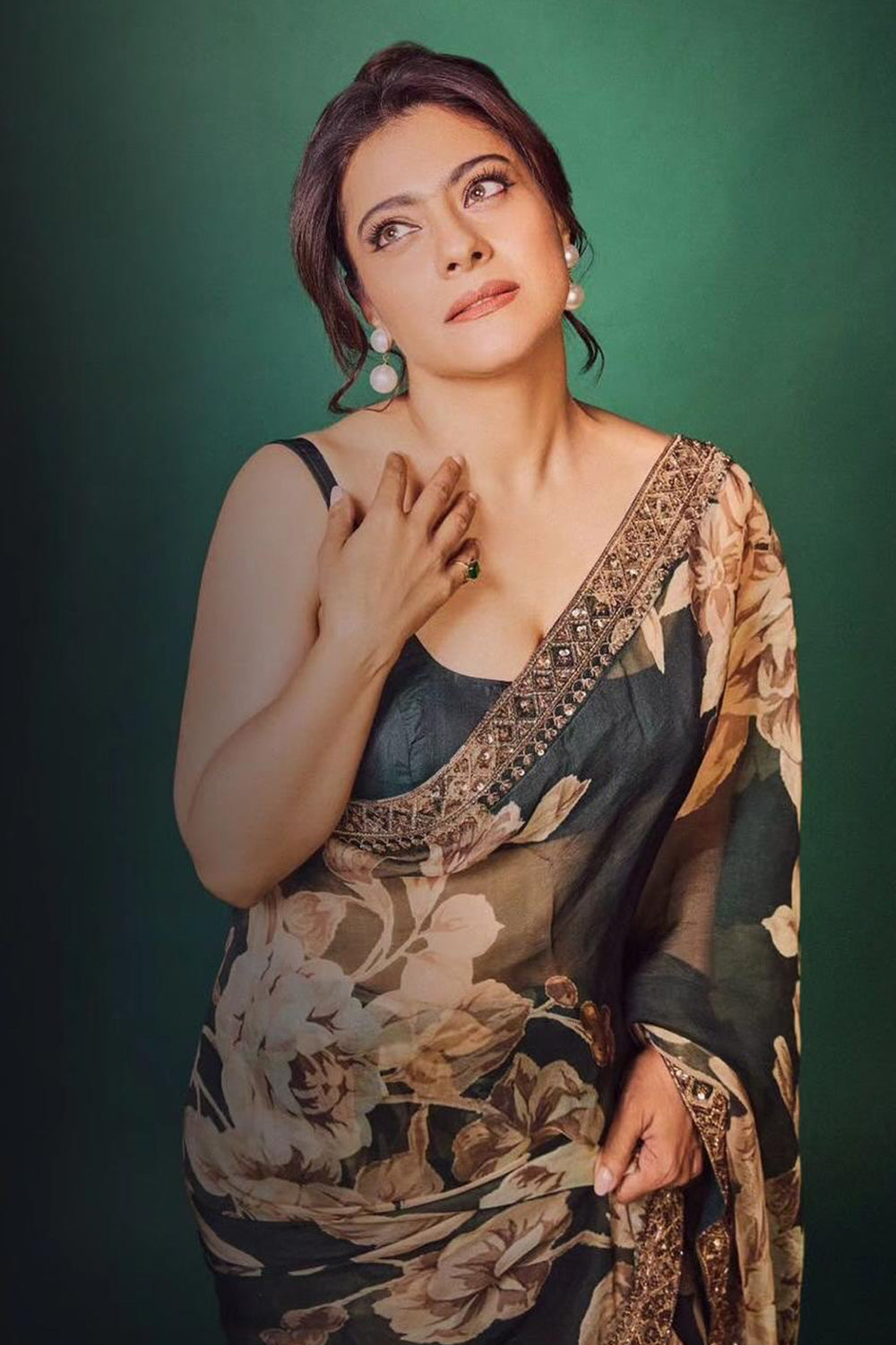 Kajol in Bottle Green Floral Saree Set