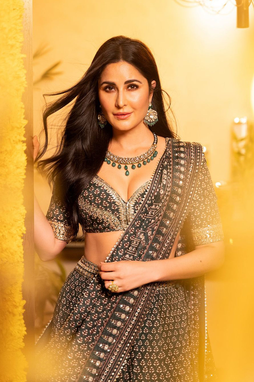 Katrina Kaif in Arvia Printed Mul Lehenga Set - Green