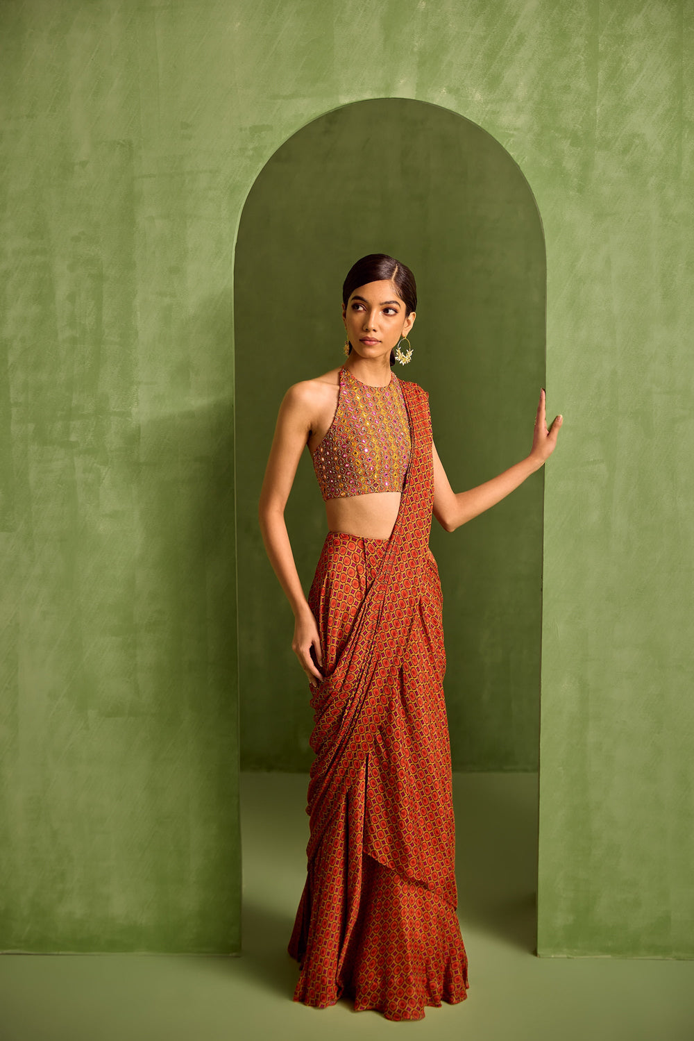 Orange Viscose Chinon Geometric Printed Pre-draped Saree With Embroidered Blouse