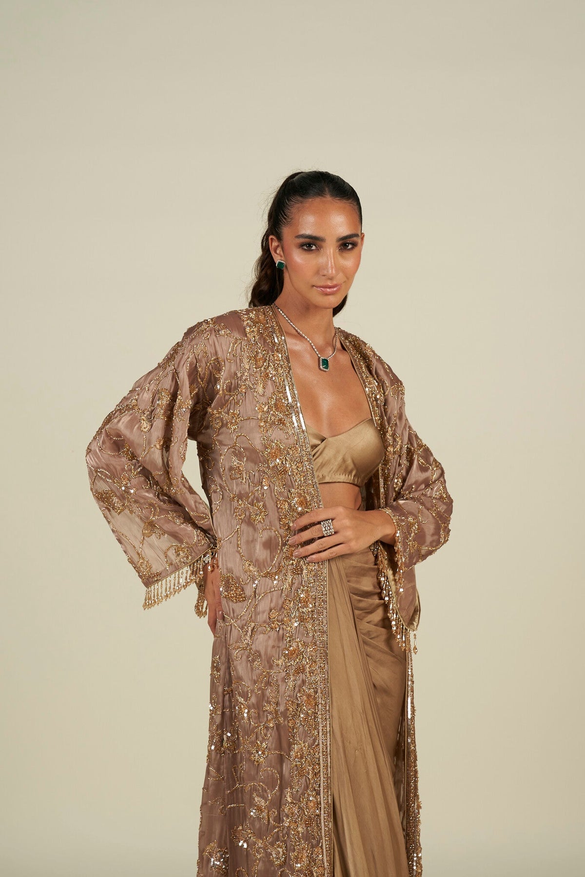 BROWN GOLD LONG CAPE SKIRT SET